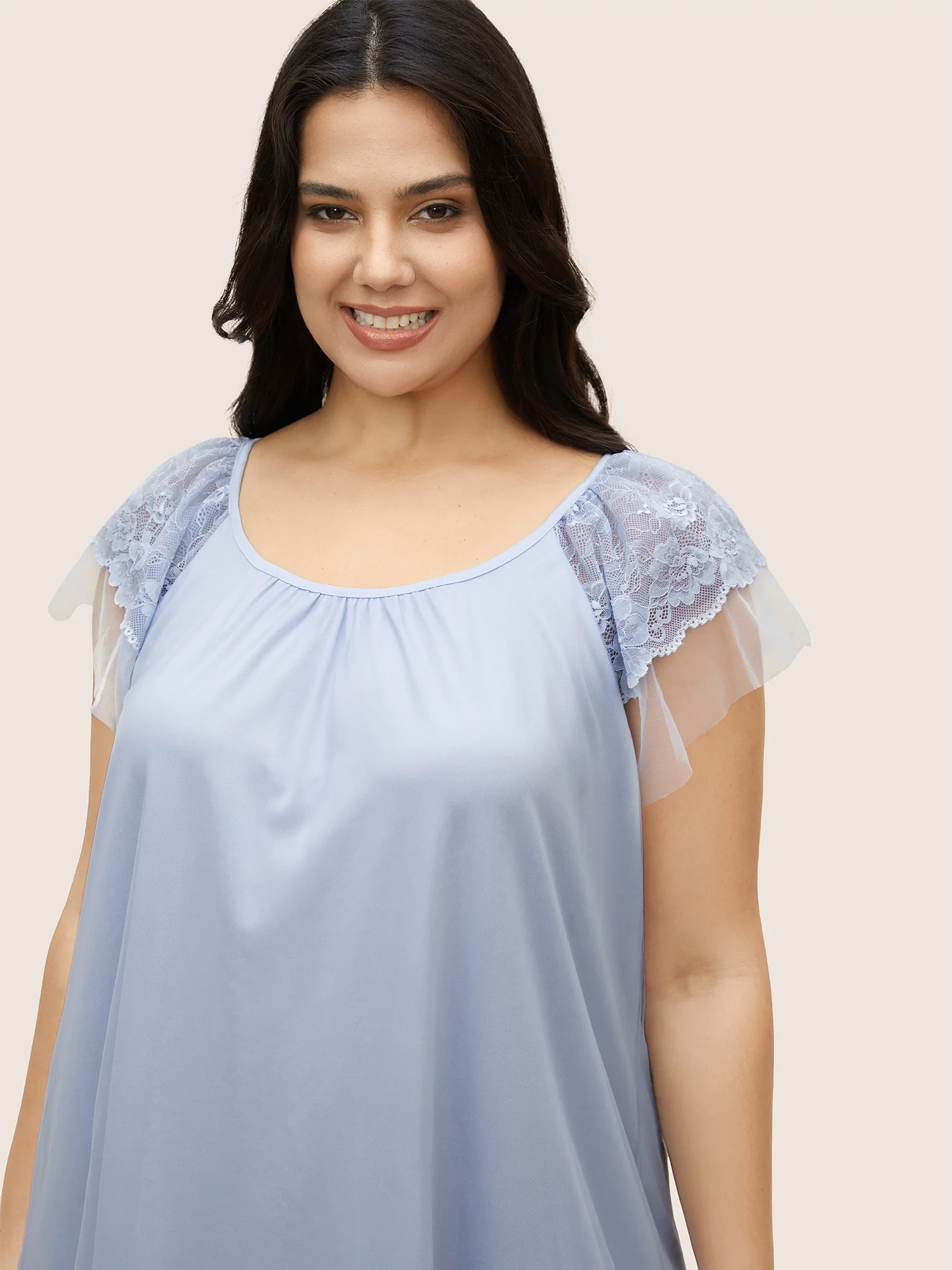 Round Neck Crochet Lace Mesh Gathered Sleep Dress - Image 4