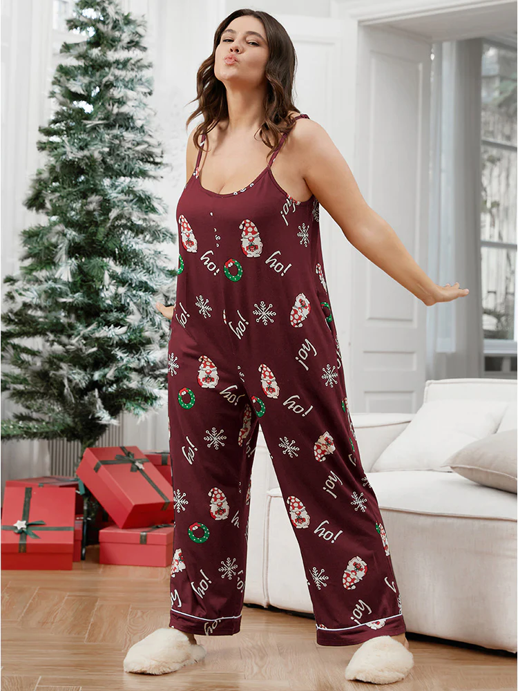 Santa Claus Print Pocket Spaghetti Strap Jumpsuit - Image 3
