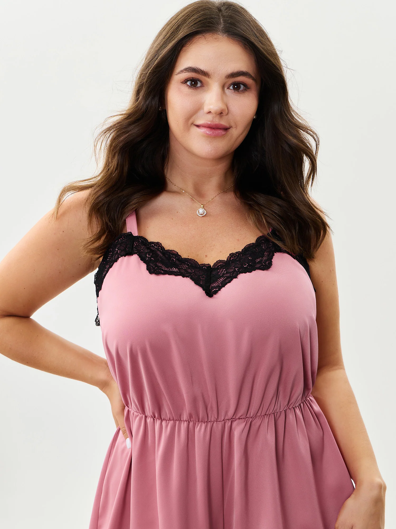 Satin Lace Trim Color Contrast Sleep Romper - Image 3
