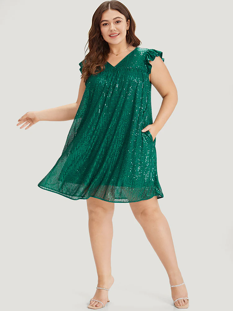 Sequin Mesh Pocket Cap Sleeve Ruffle Trim Dress - Image 4