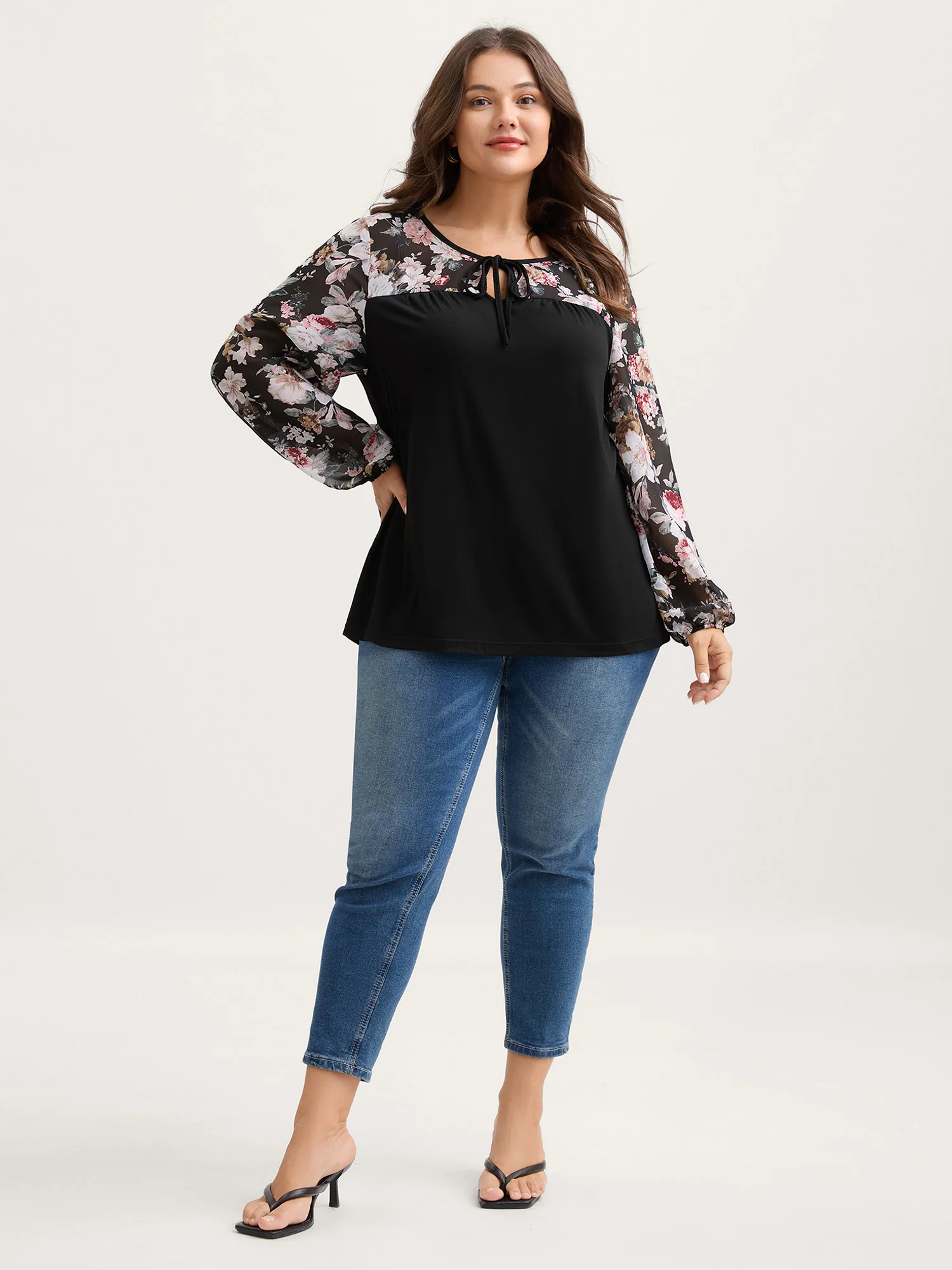 Sheer Floral Print Neck-Tie T-Shirt - Image 4