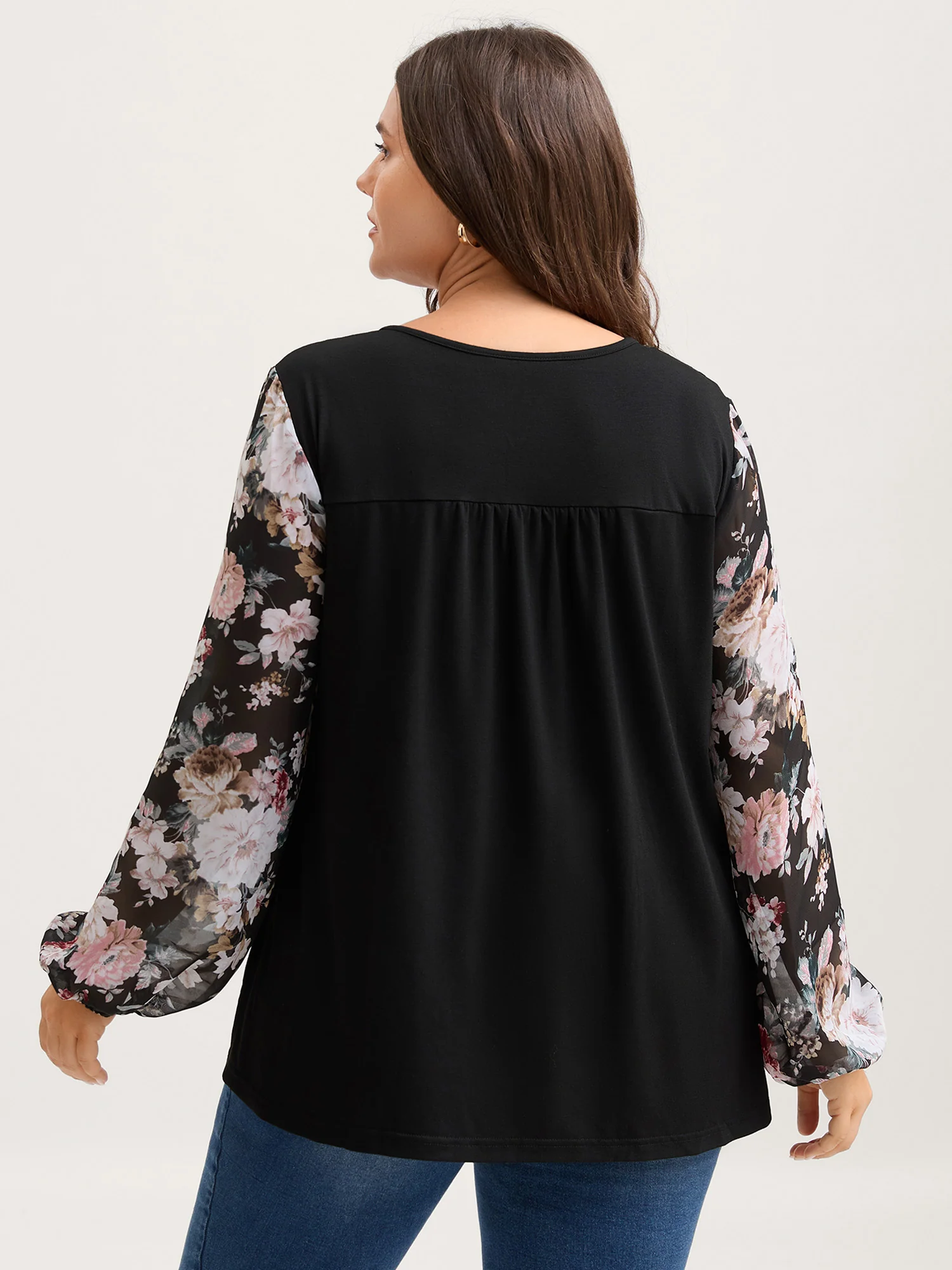 Sheer Floral Print Neck-Tie T-Shirt - Image 5