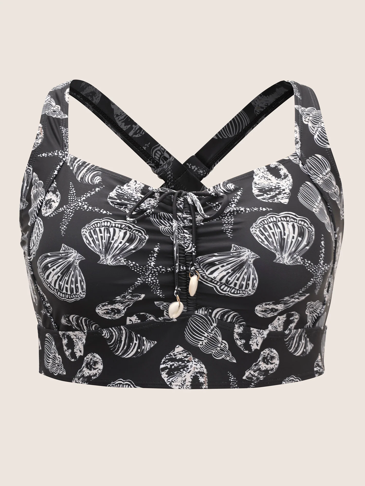 Shell Print Drawstring Ruched Skinny Swim Top - Image 6