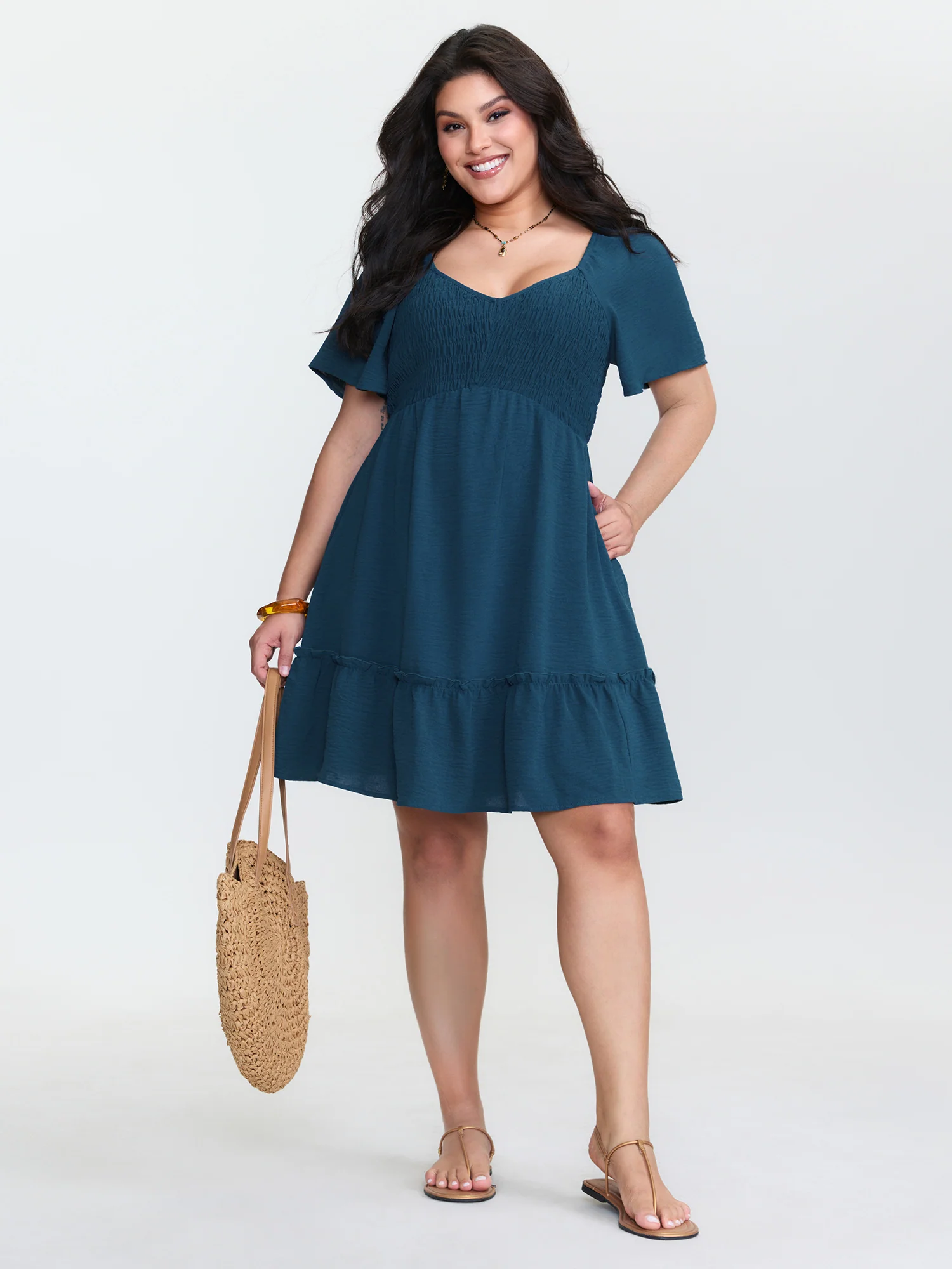Shirred Bodice Lace Hem Flowy Sleeve Mini Dress - Image 2