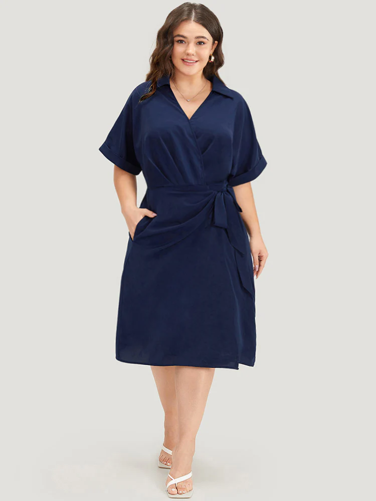 Shirt Collar Split Hem Wrap Pocket Knot Gathered Dress - Image 3