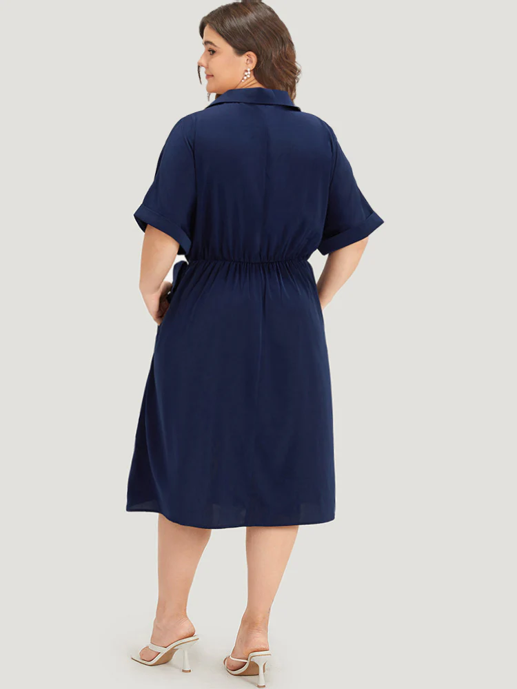 Shirt Collar Split Hem Wrap Pocket Knot Gathered Dress - Image 5