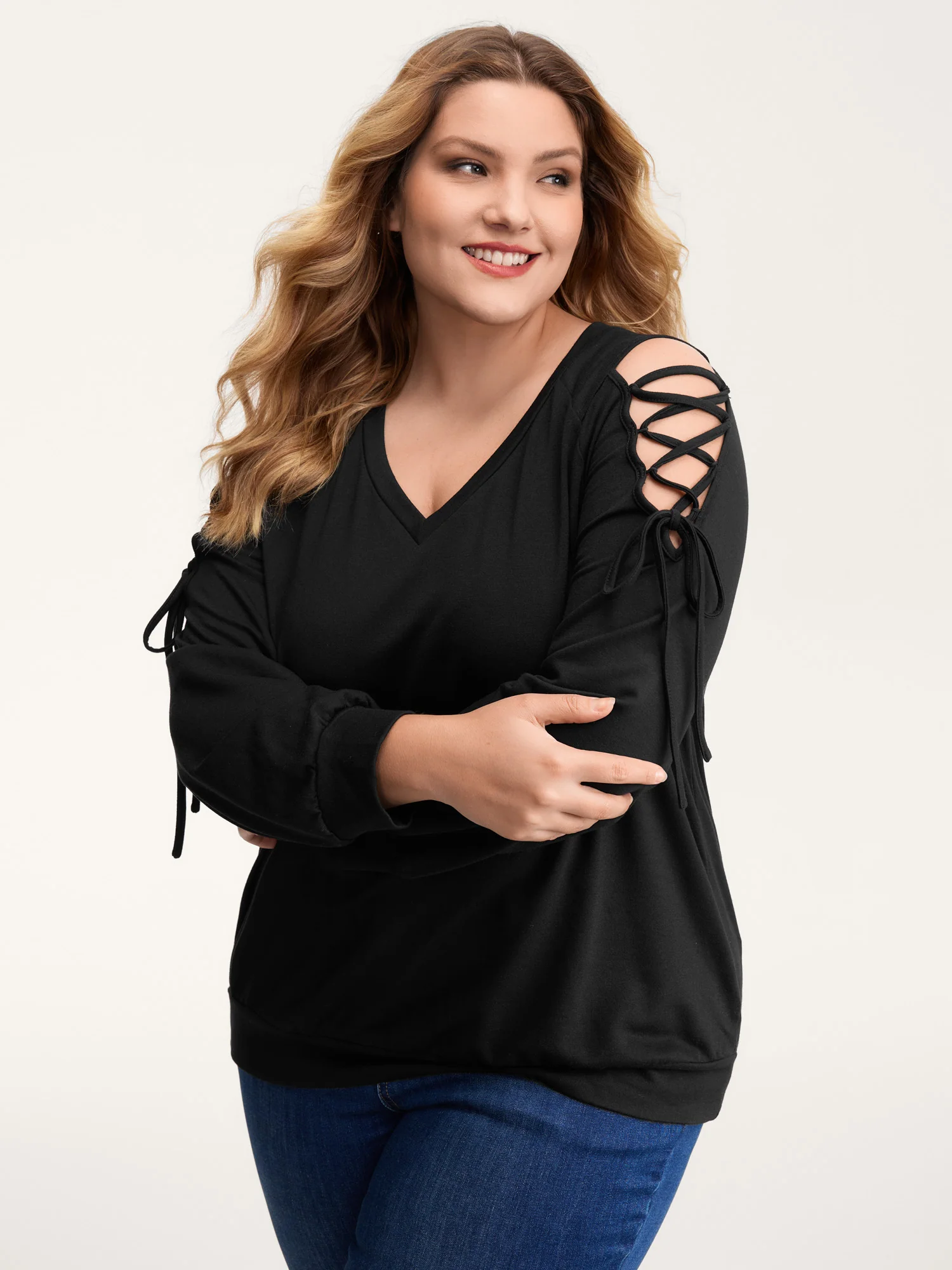 Shoulder Crosstie Design V-Neck Sweatshirt