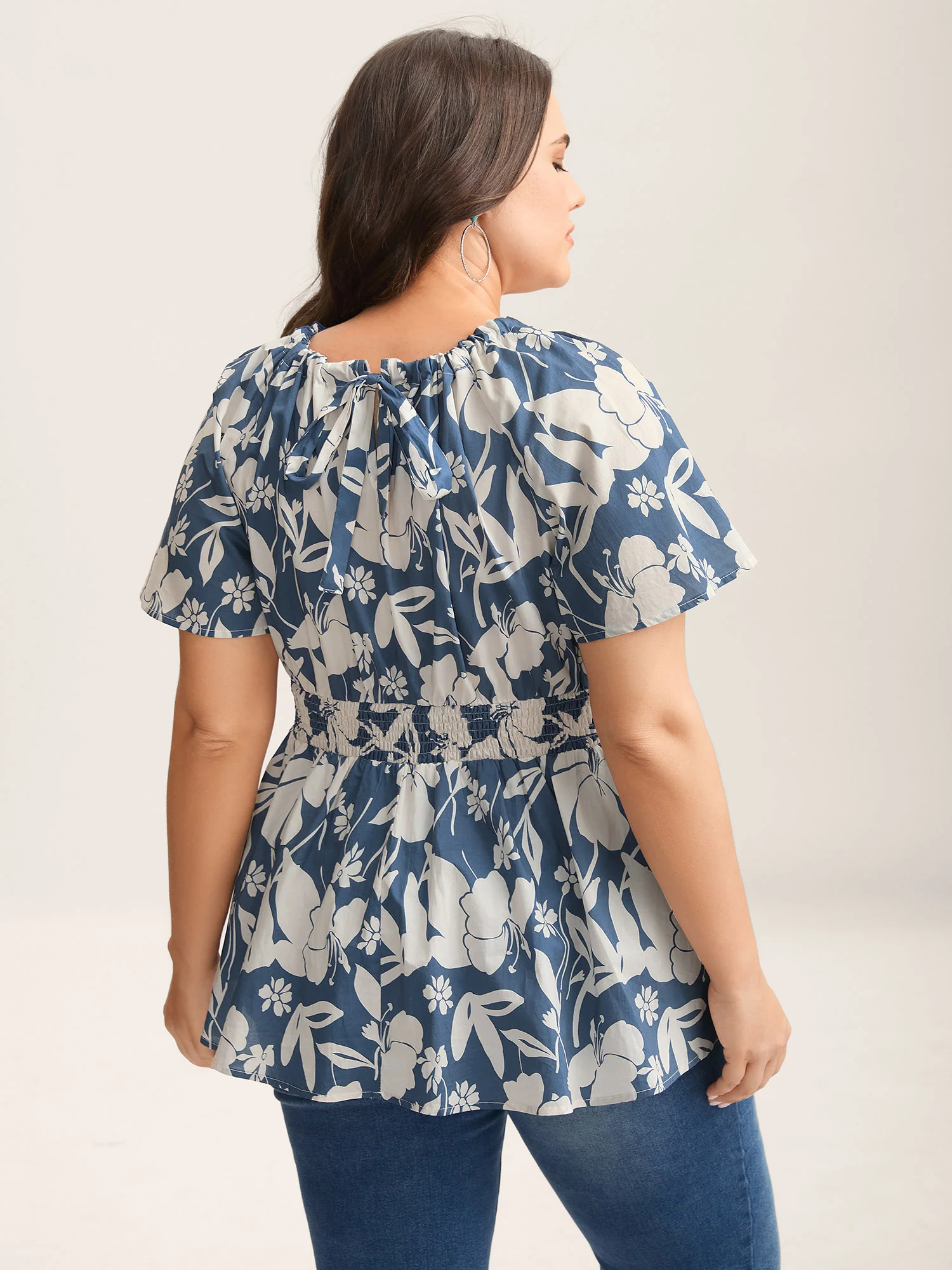 Cotton Silhouette Floral Print Shirred Waist Blouse - Image 5