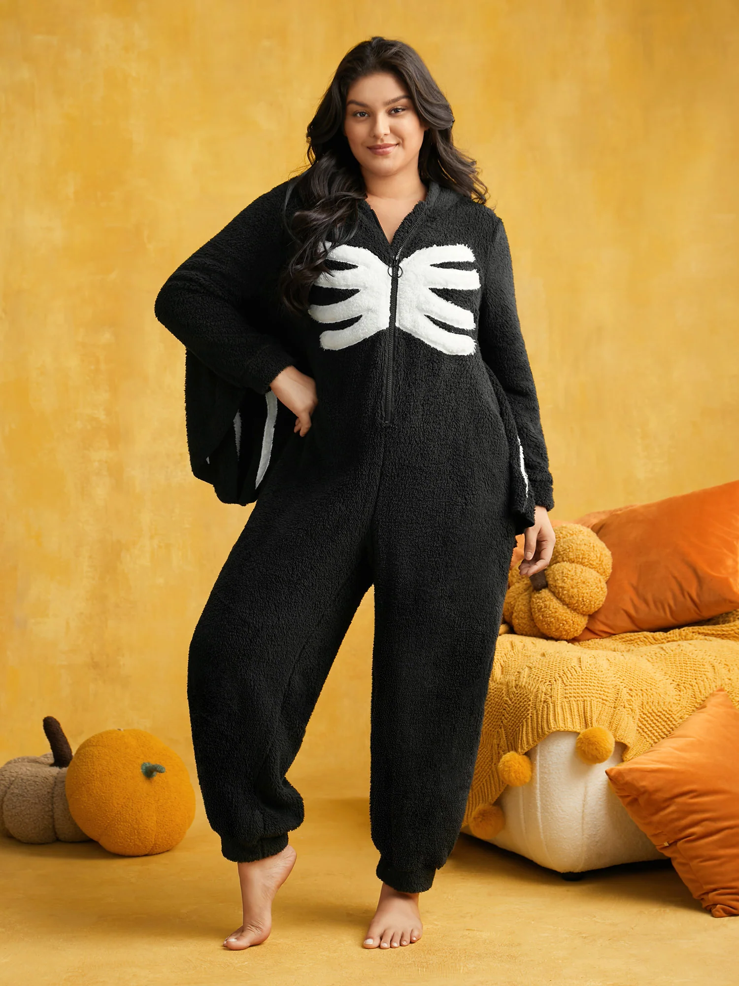 Skeleton Hands Printed Hooded Flannel Romper - Image 4