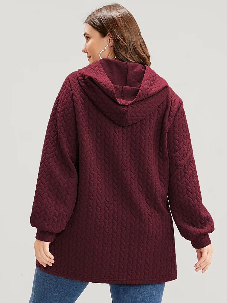 Solid Asymmetrical Hem Cable Knit Hooded Sweatshirt - Image 23