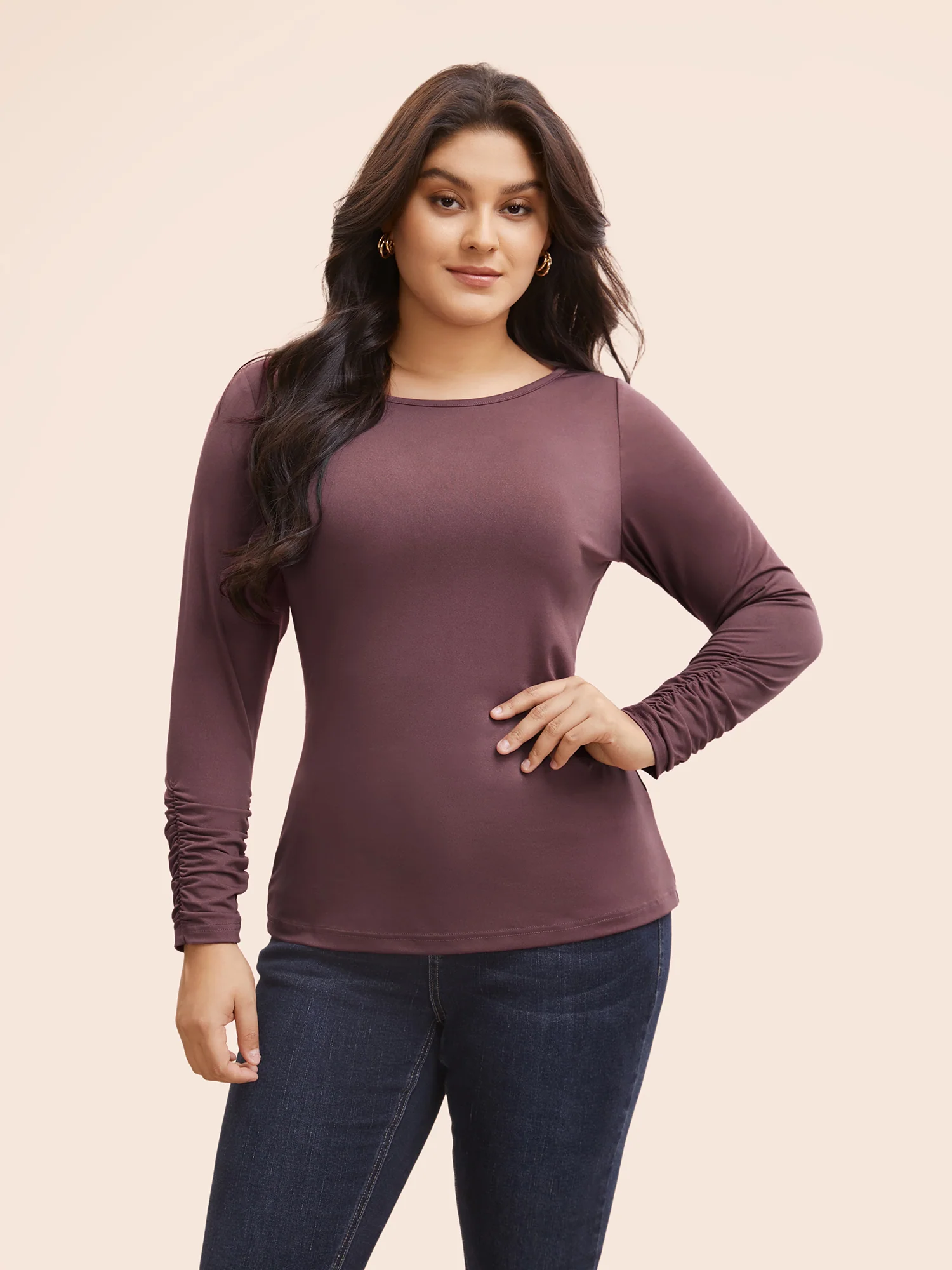 Solid Boat Neck Gathered T-shirt - Image 2