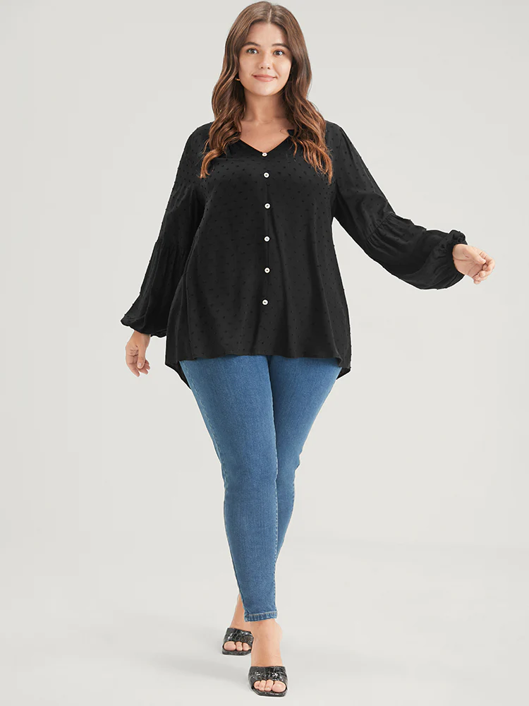 Solid Button Lantern Sleeve Polka Dot Blouse - Image 2