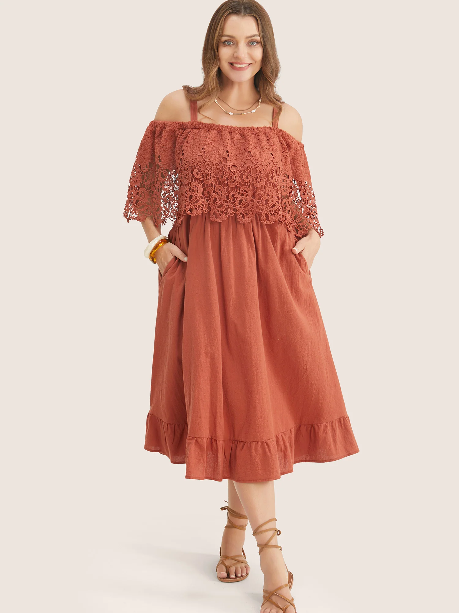 Solid Cold Shoulder Contrast Lace Pocket Ruffle Hem Dress - Image 2
