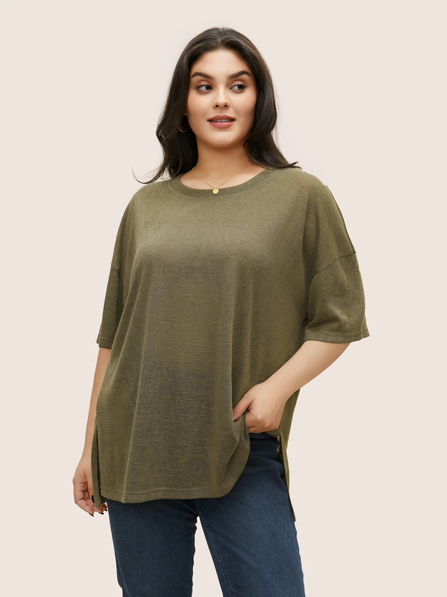 Solid Drop Shoulder Split Hem T-shirt