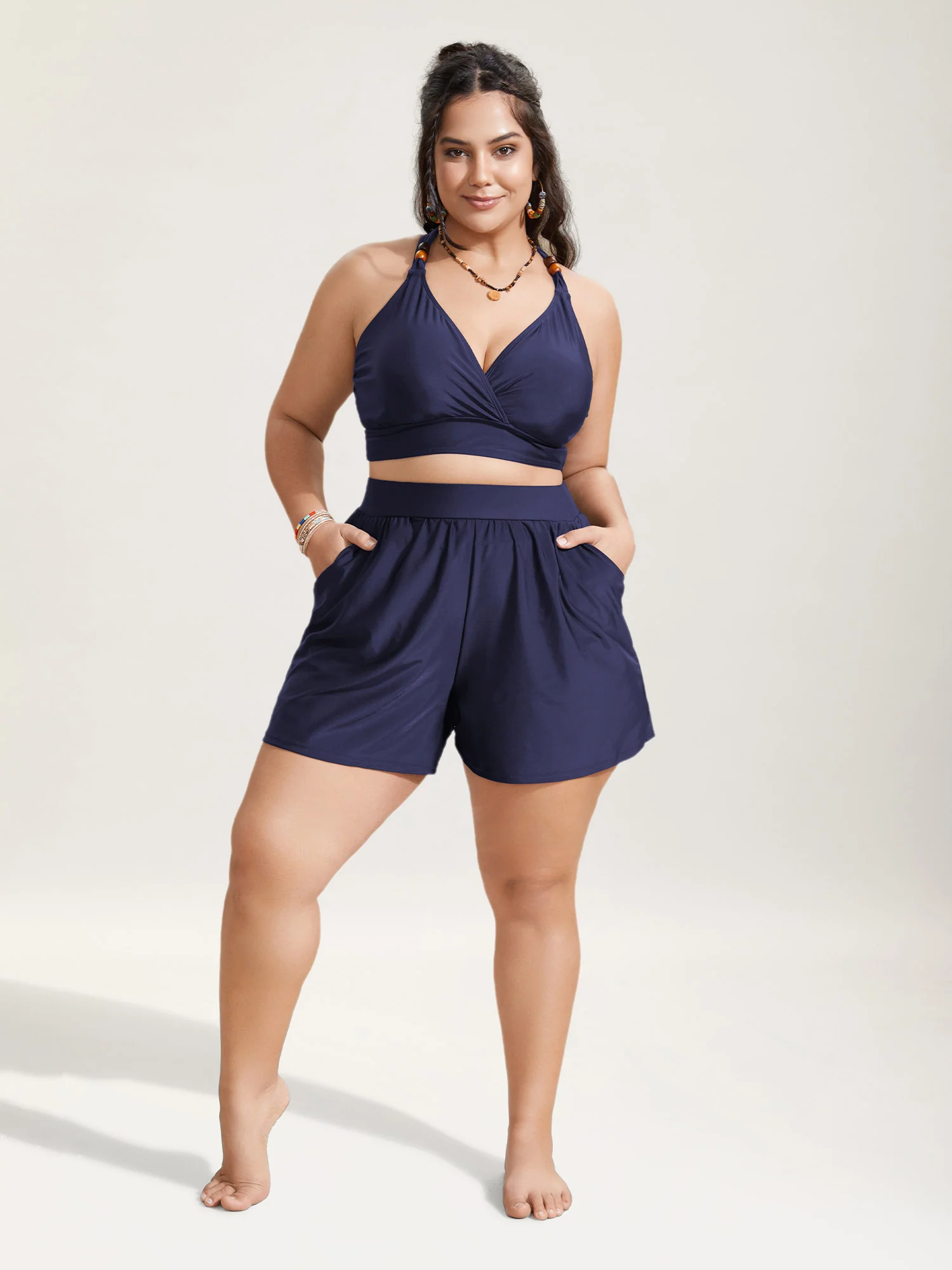 High Waisted Pockets Solid Pleated Swim Bottom - Image 11