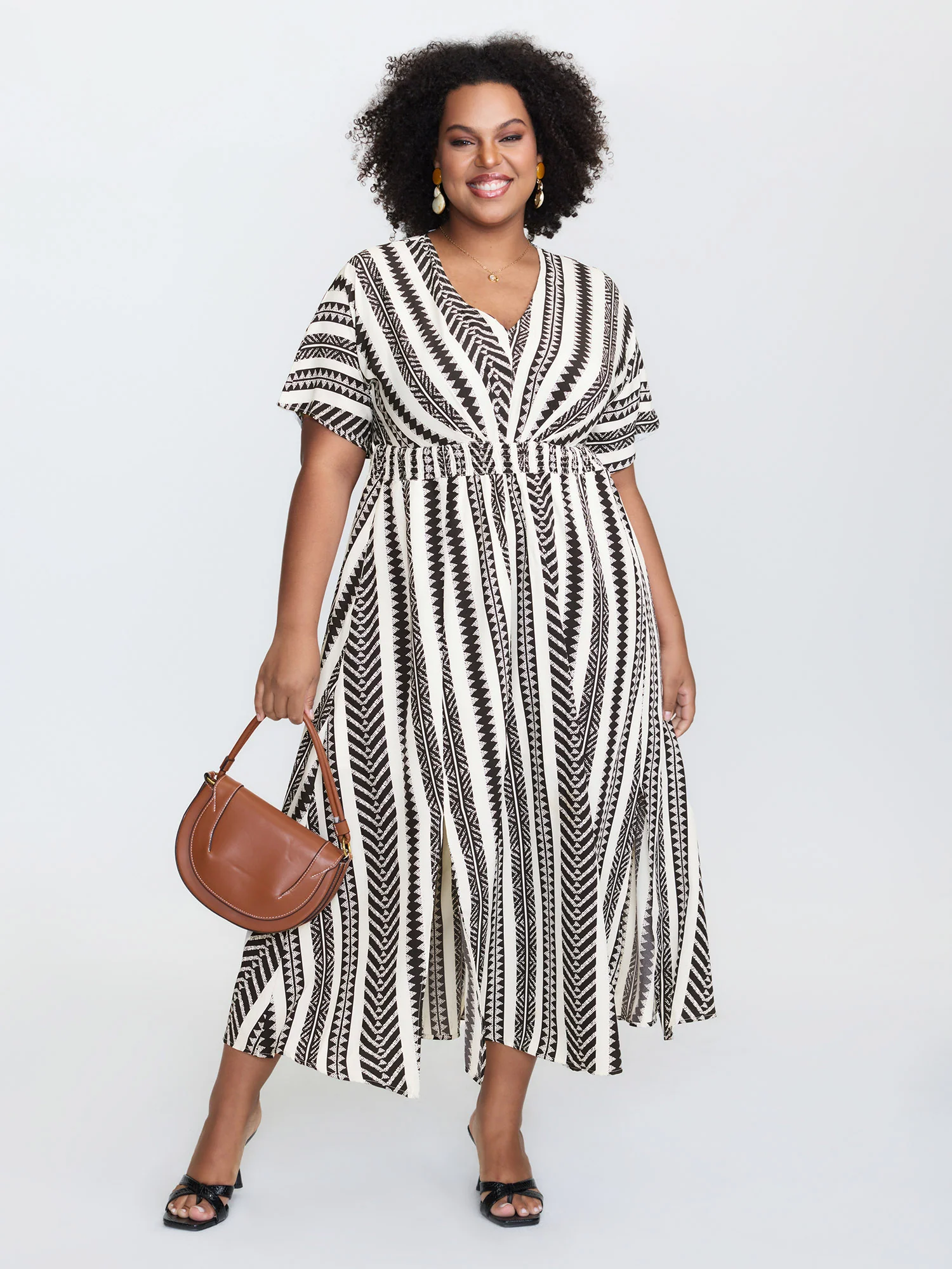 Solid Geometric Dolman Sleeve Pocket Shirred Split Hem Dress - Image 6