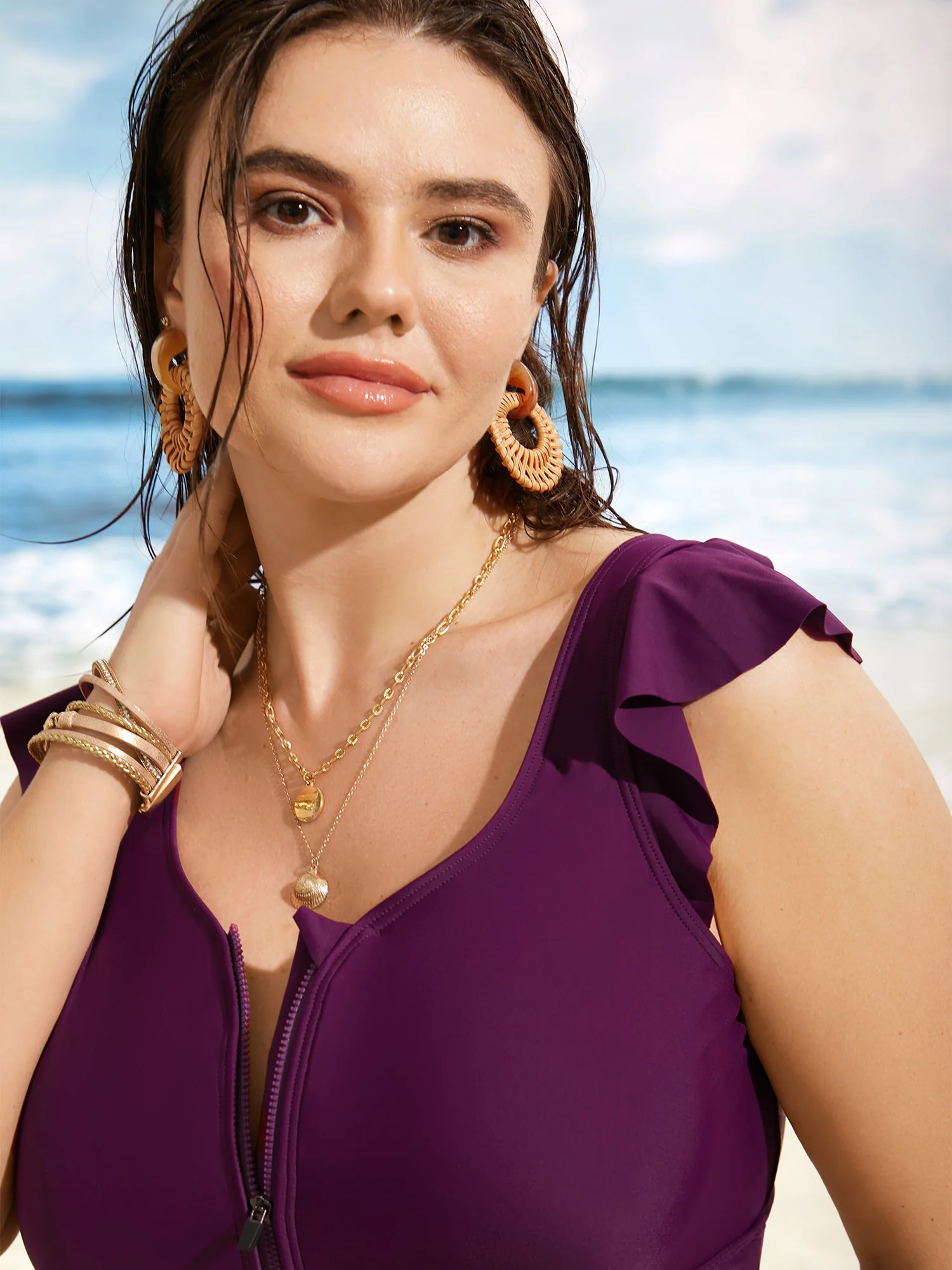Solid Half Zip Ruffle Cap Sleeve One Piece Swimsuit - Image 5