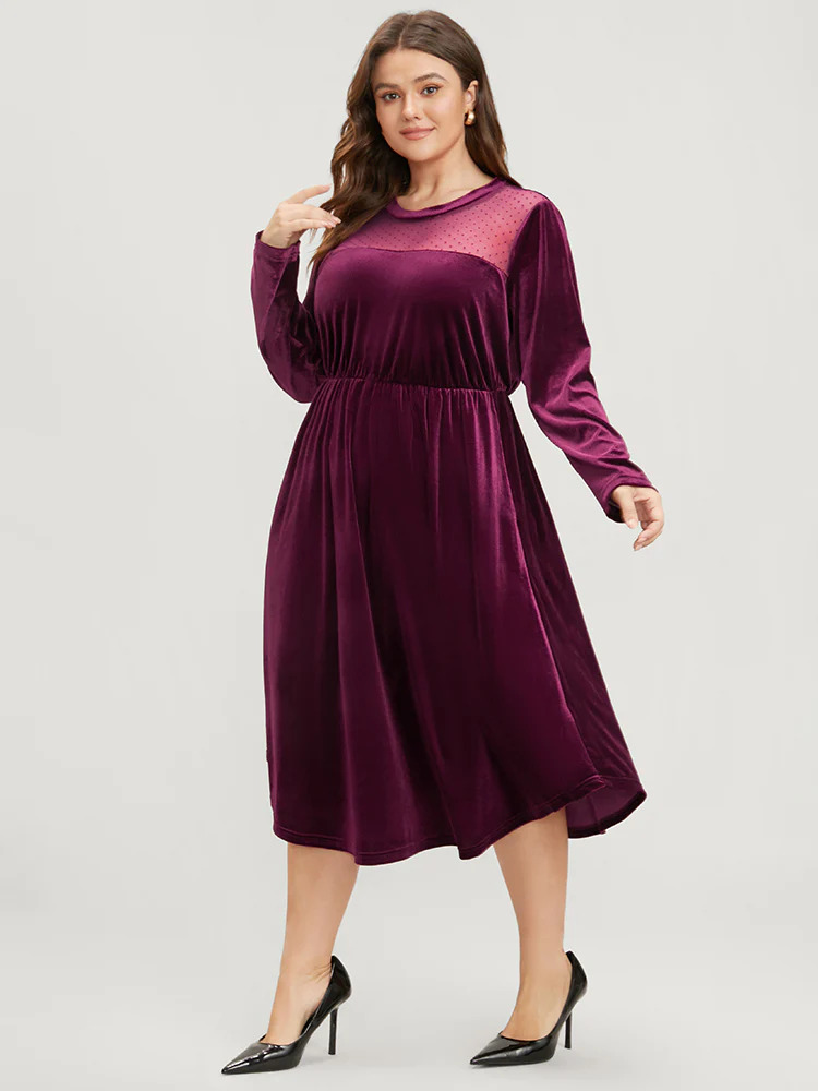 Solid Mesh Patchwork Pocket Velvet Arc Hem Dress - Image 4