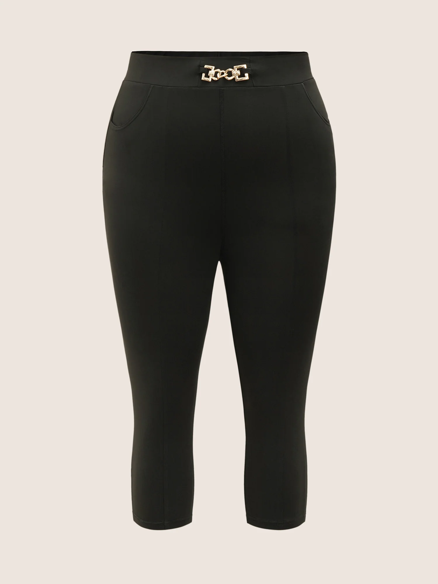 Solid Metal Chain Detail Pocket High Rise Leggings - Image 7