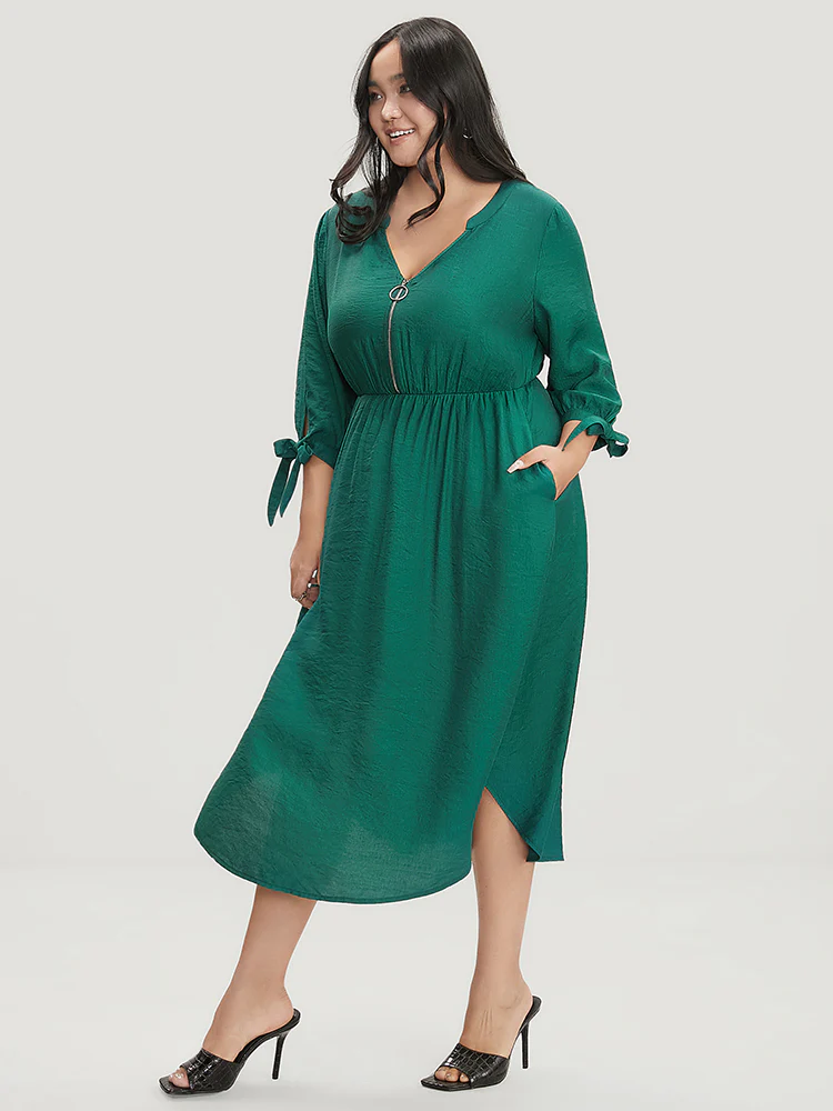 Solid Pocket Knot Sleeve Half Zipper Arc Hem Dress - Image 3