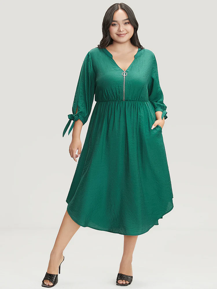 Solid Pocket Knot Sleeve Half Zipper Arc Hem Dress - Image 4