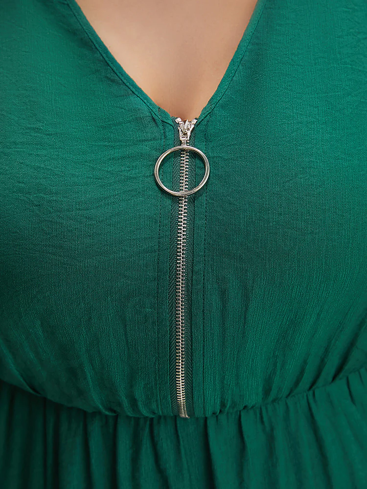 Solid Pocket Knot Sleeve Half Zipper Arc Hem Dress - Image 7