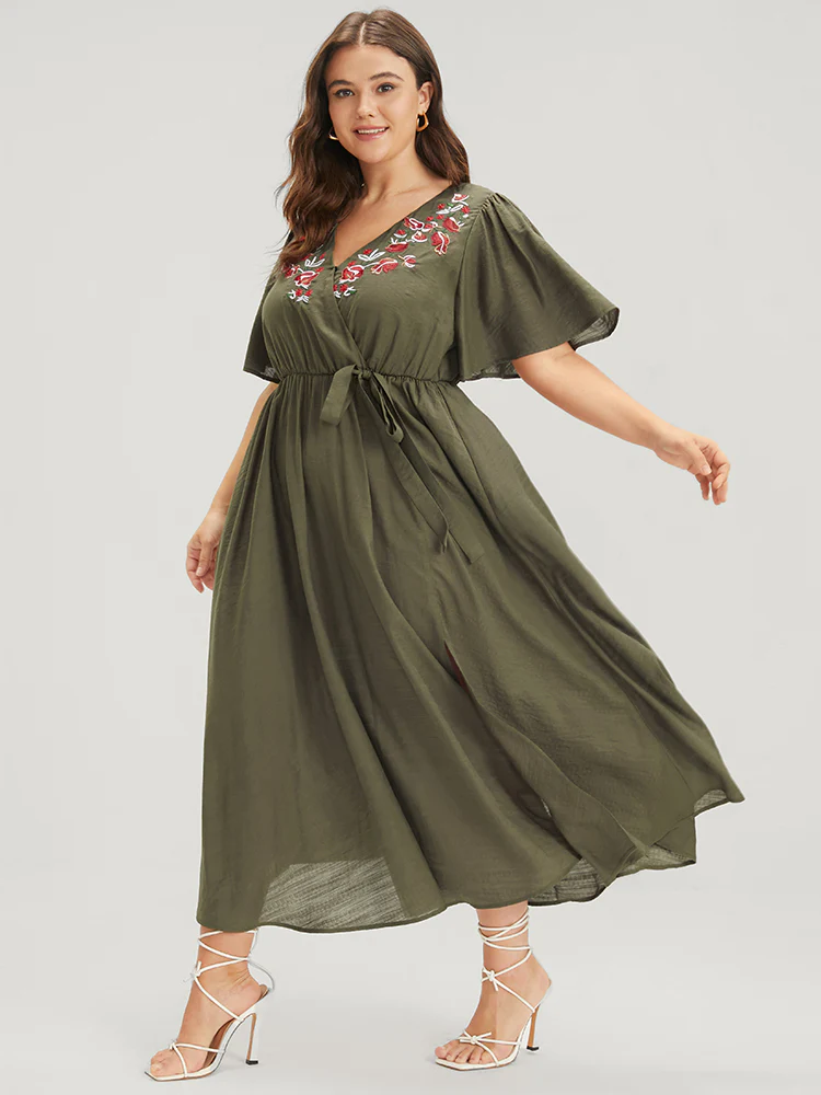 Solid Pocket Knotted Embroidered Ruffles Hem Wrap Dress - Image 3