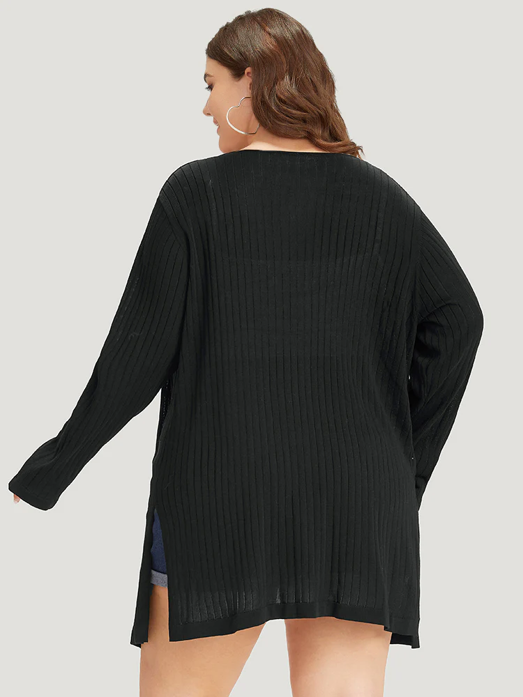 Solid Rib Knit Pocket Lightweight Tunic Cardigan - Image 2