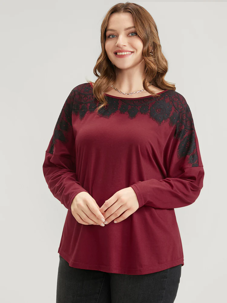 Solid Round Neck Contrast Lace Long Tee - Image 3