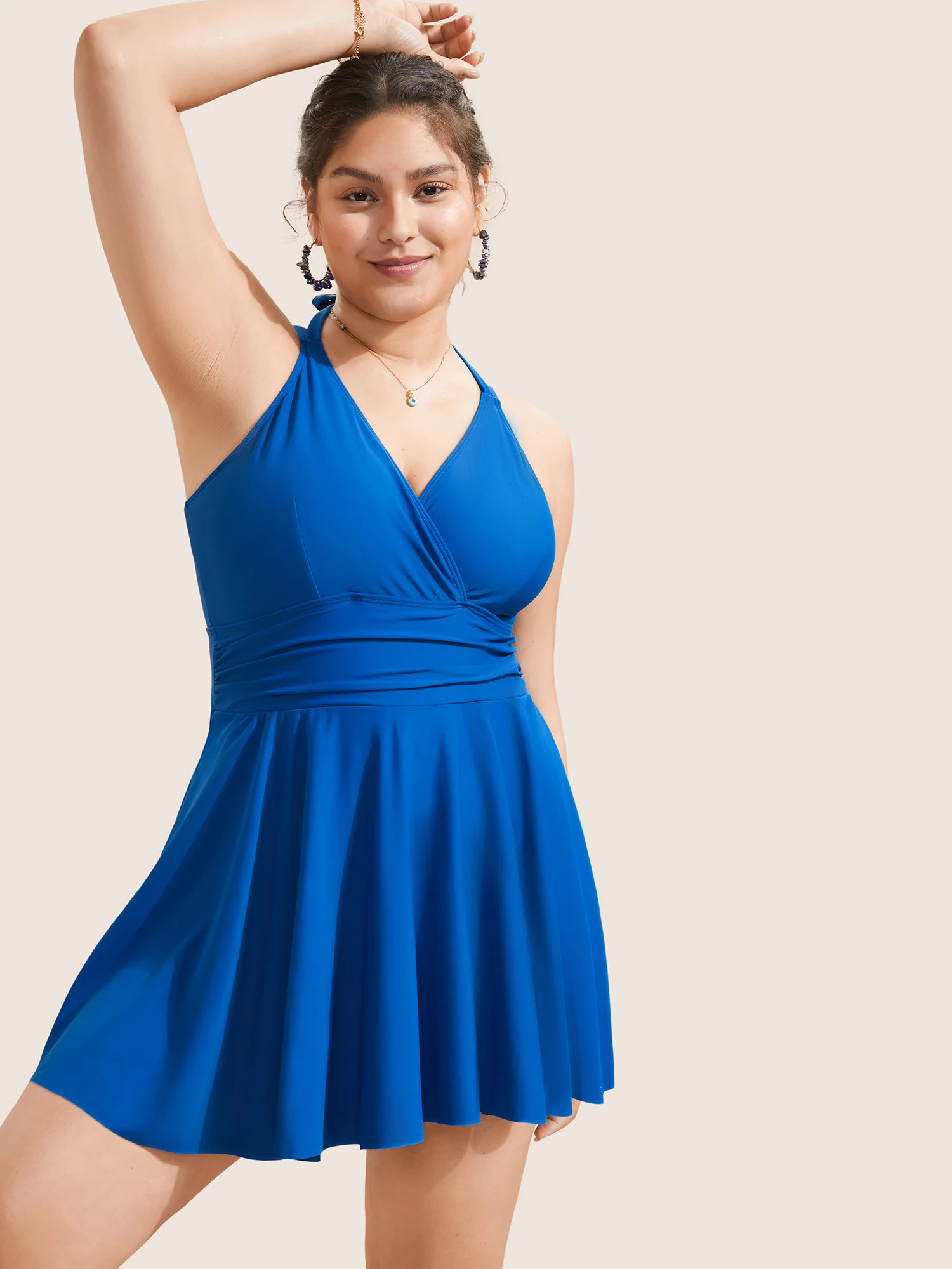 Solid Ruffle Hem Empire Waist Halter Neck Swim Dress - Image 20