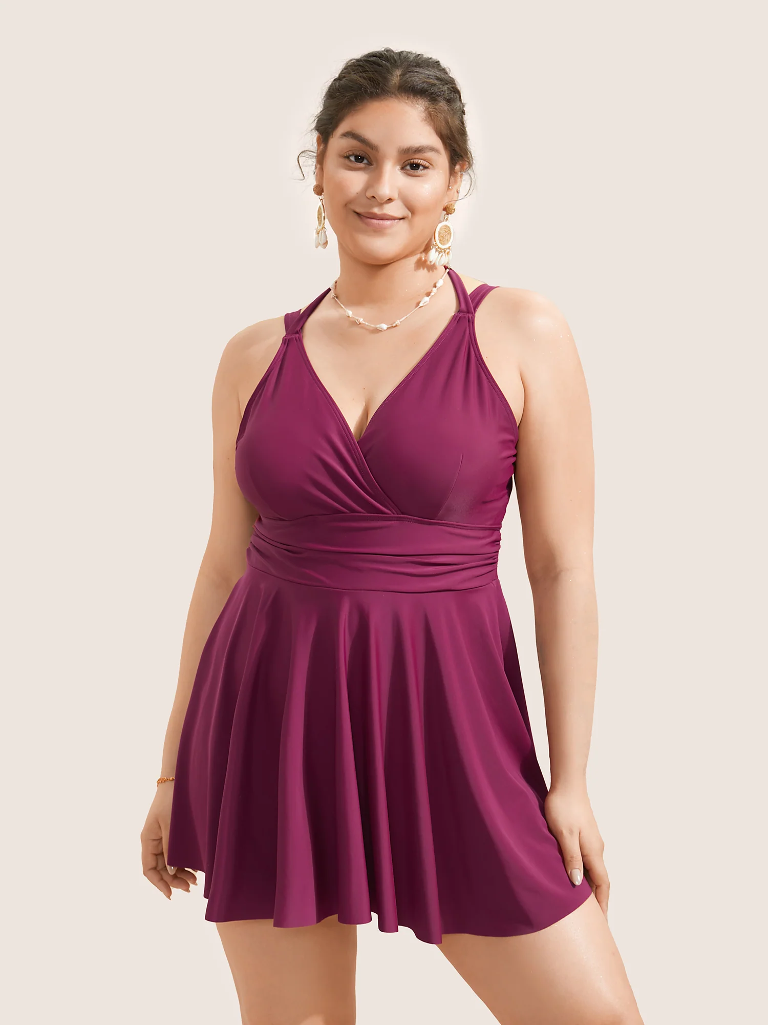 Solid Ruffle Hem Empire Waist Halter Neck Swim Dress - Image 44