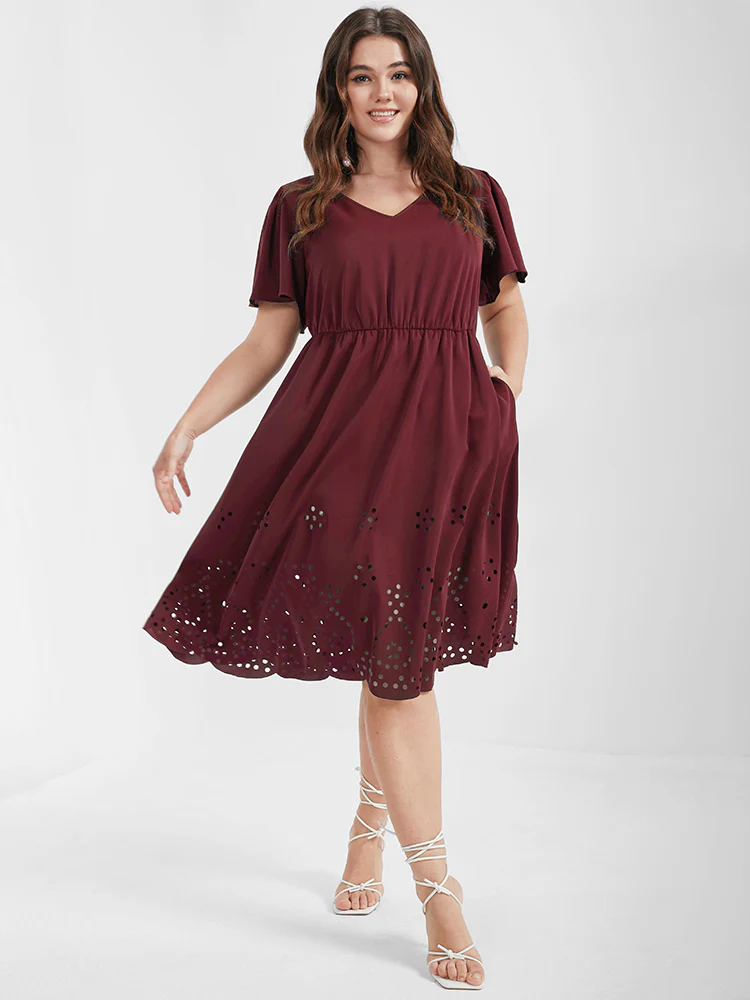 Solid Ruffles Pocket Broderie Anglaise Knee Dress - Image 4