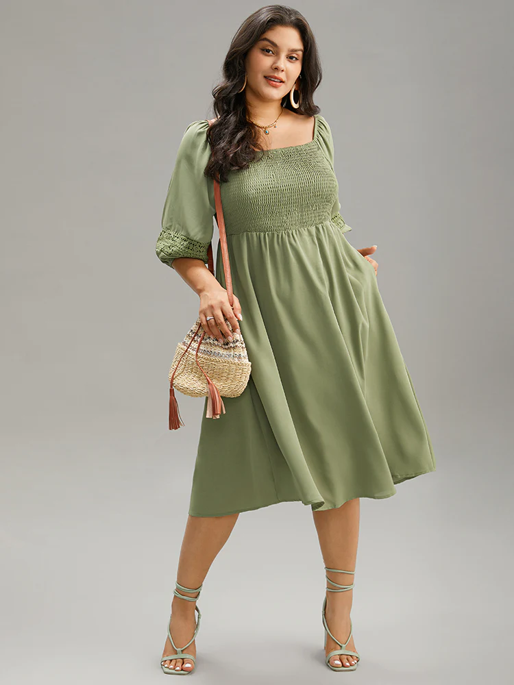 Solid Shirred Square Neck Guipure Lace Dress