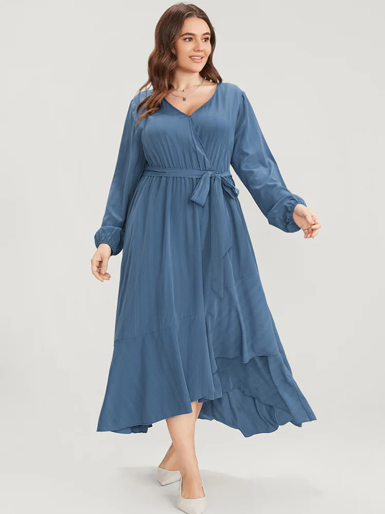 Solid Surplice Neck Lantern Sleeve Pocket Belted Asymmetrical Hem Dress