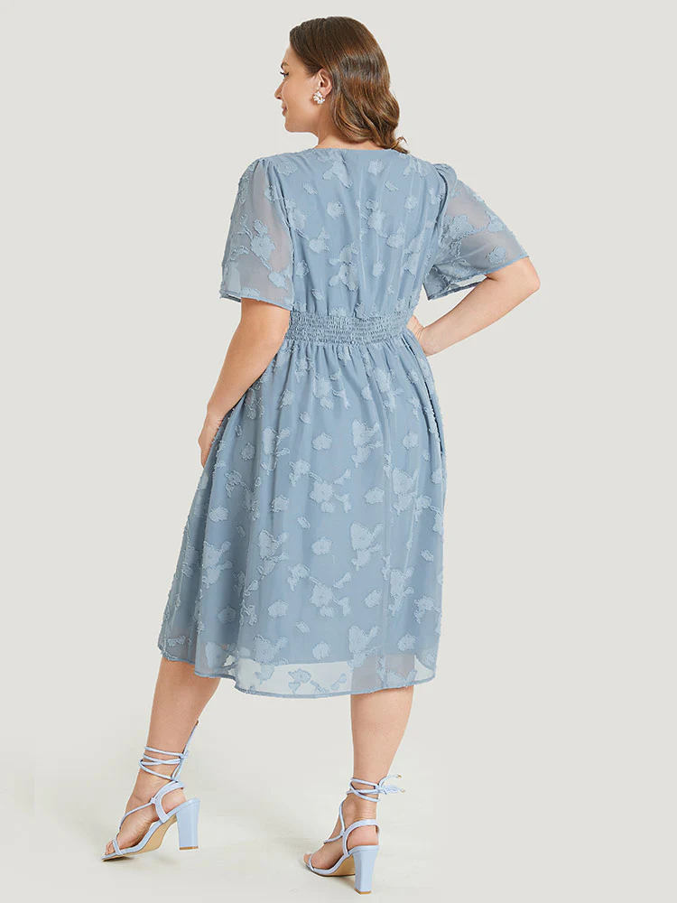 Solid Textured Ruffle Pocket Shirred Waist Dress - Image 5