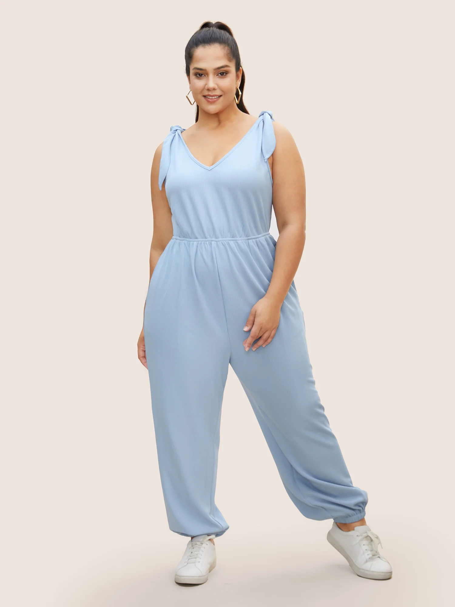 Solid Tie Knot Pit Strip Jumpsuit