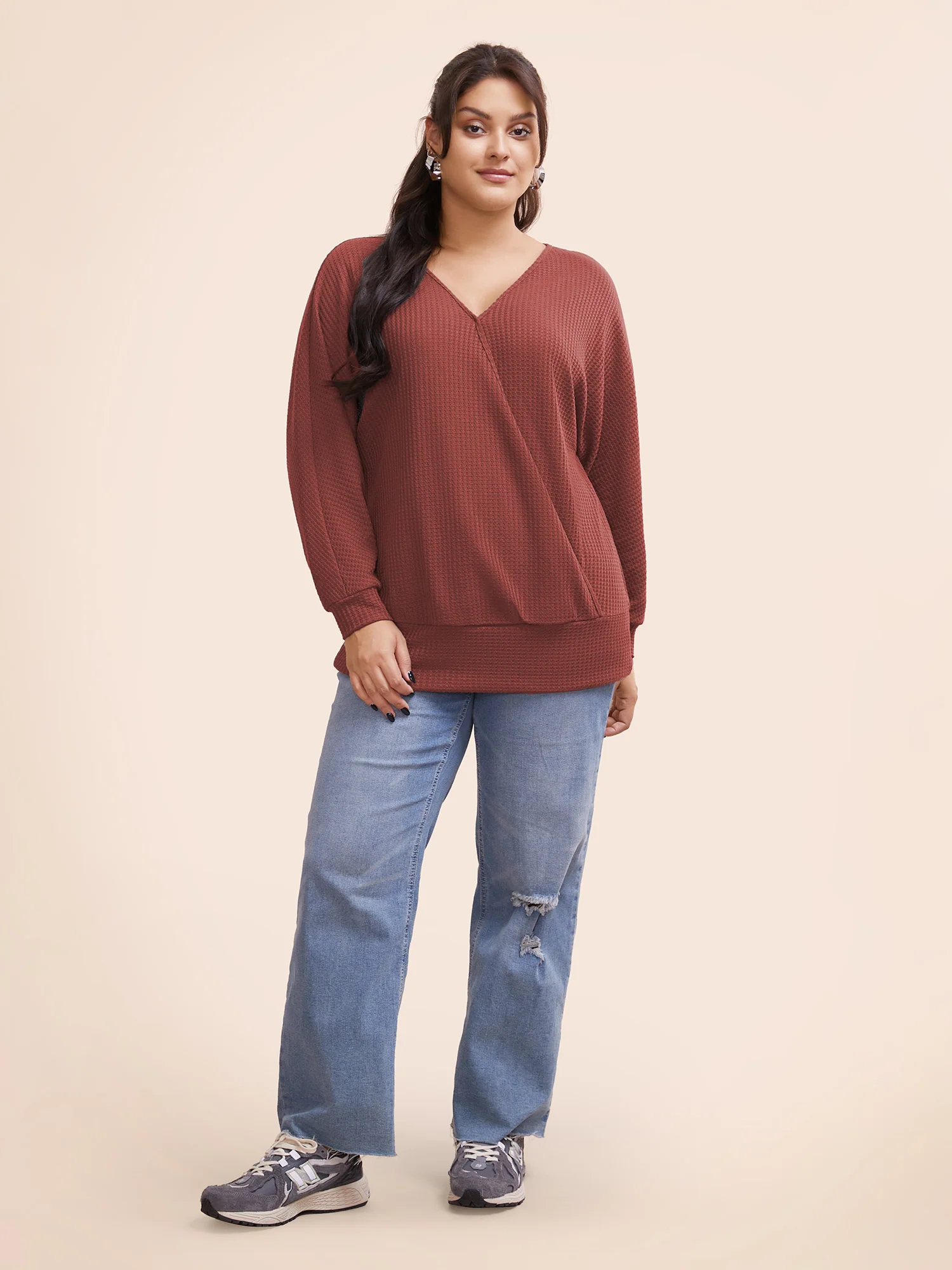 Solid Waffle Knit Wrap Long Sleeve T-shirt - Image 12
