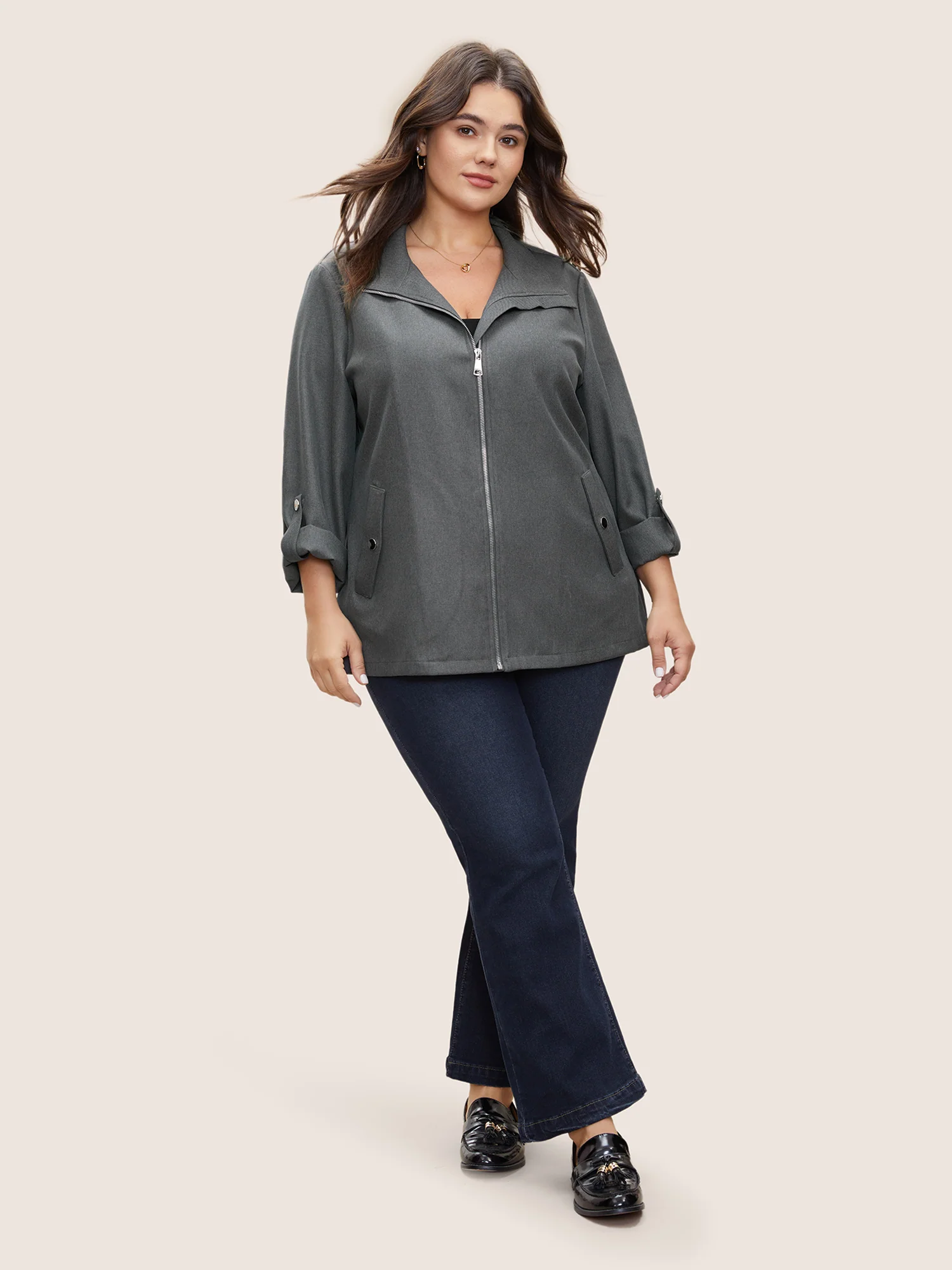 Solid Zipper Button Detail Tab Sleeve Jacket - Image 2