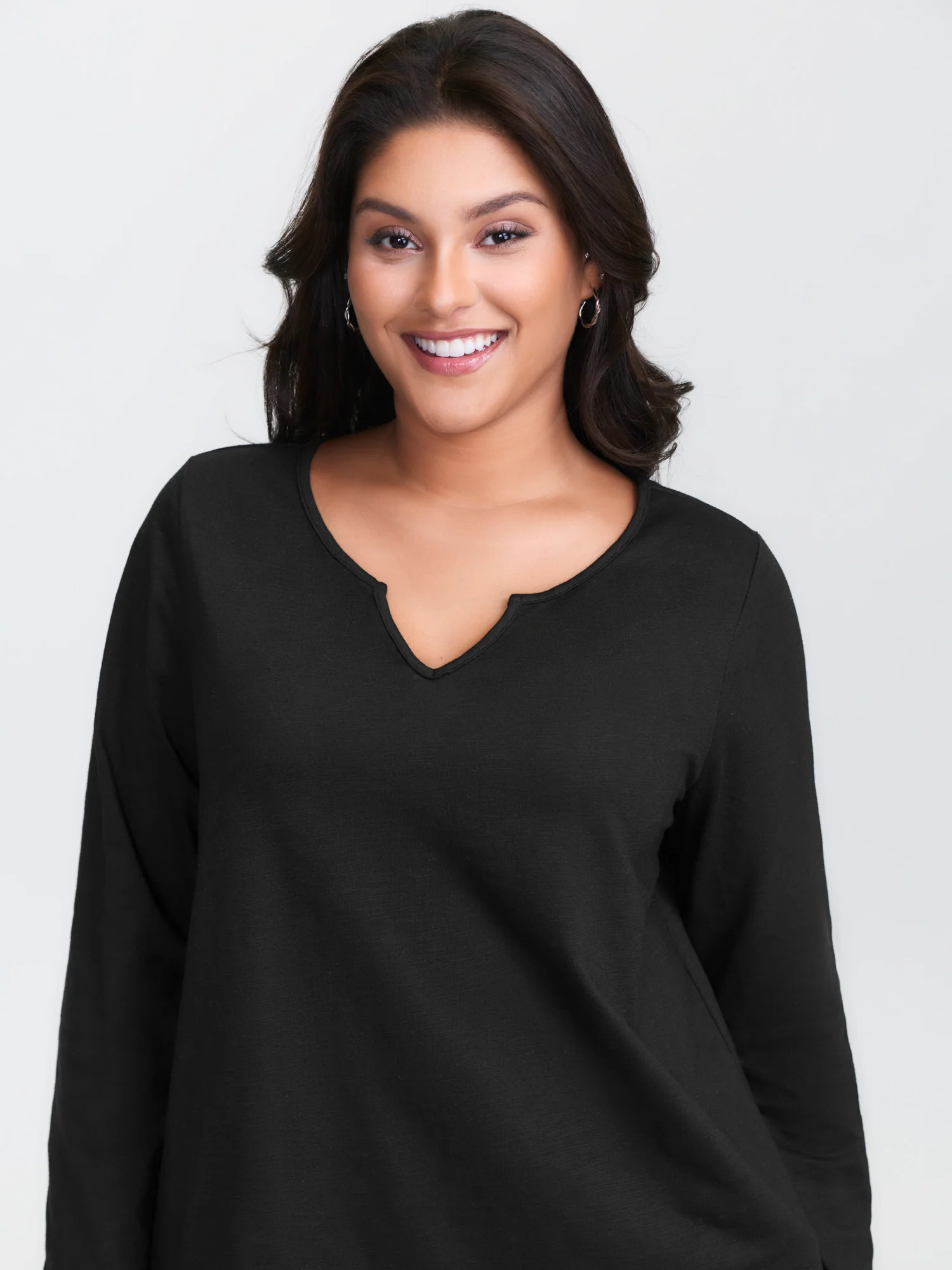 Split Neckline Stretchy Plain T-Shirt