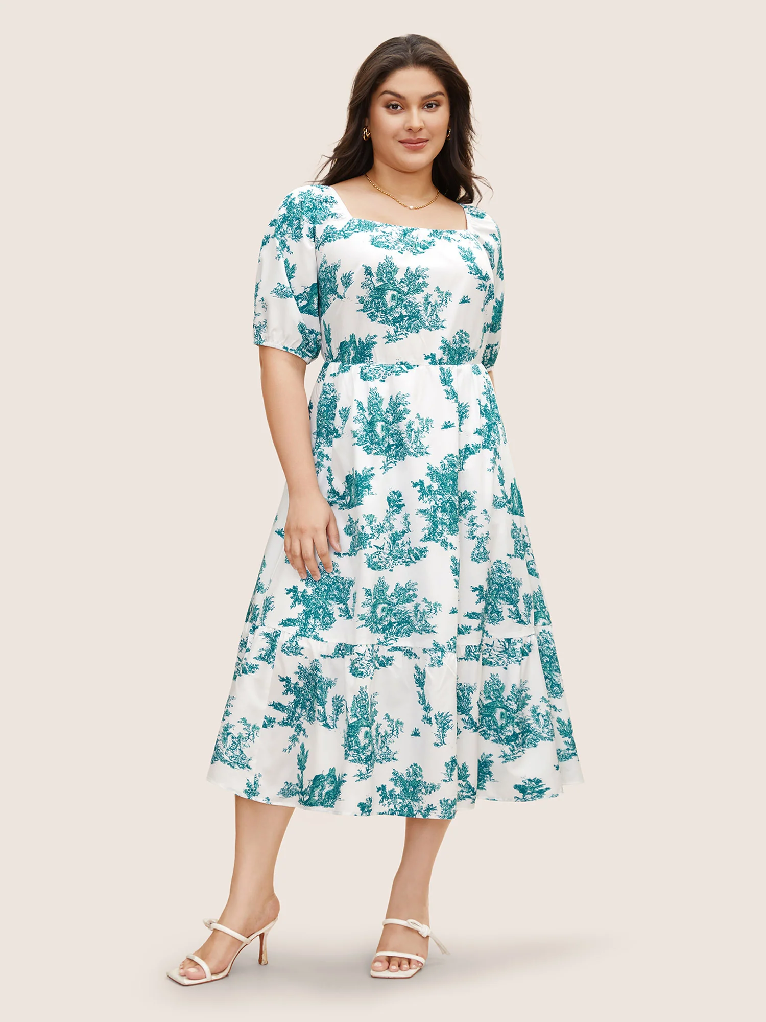 Square Neck Floral Gathered Midi Dress - Image 3