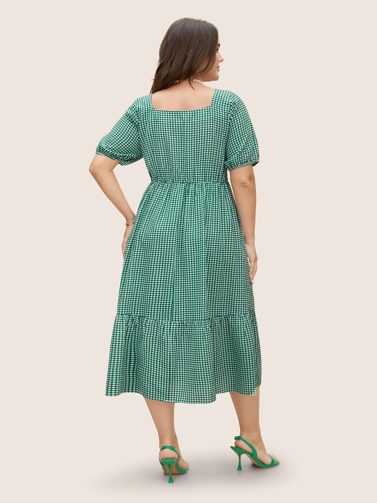 Square Neck Gingham Elastic Waist Midi Dress - Image 4
