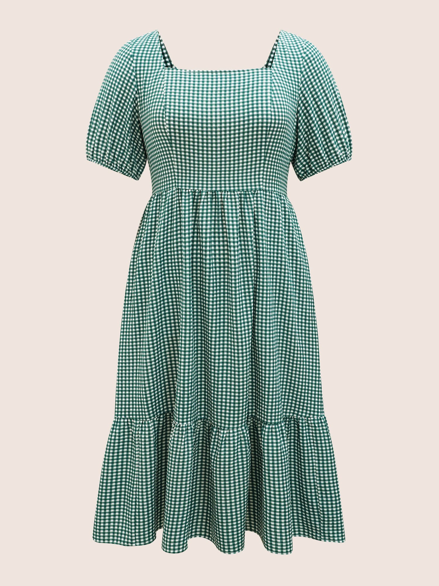 Square Neck Gingham Elastic Waist Midi Dress - Image 7