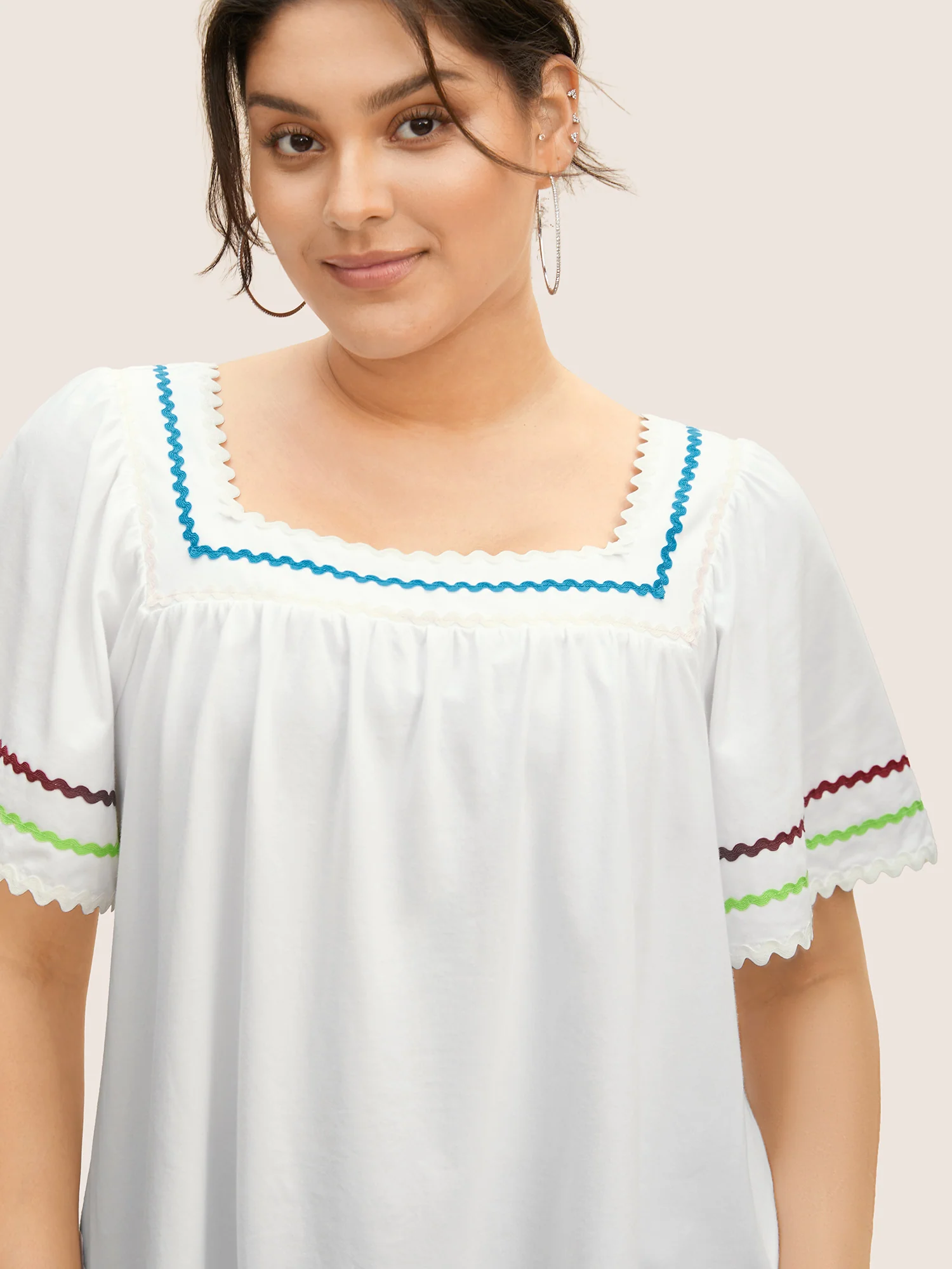 Cotton Woven Ribbon Contrast Ruffle Sleeve T-shirt - Image 3