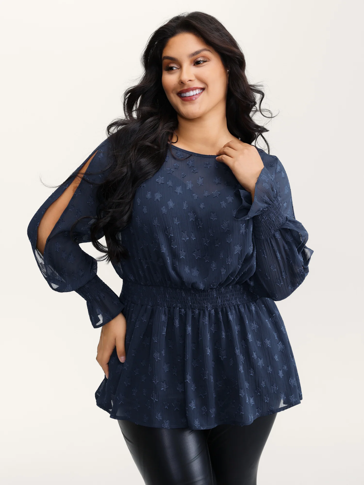 Star Jacquard Print Shirred Ruffled Blouse