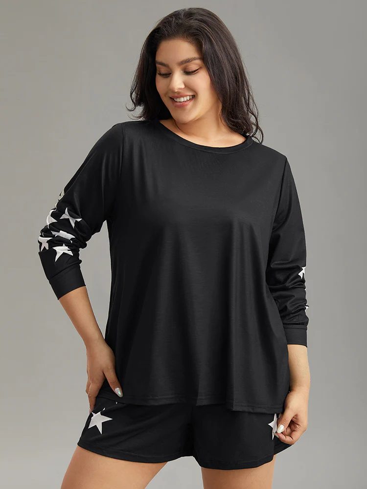 Star Print Long Sleeve Basic Sleep Top - Image 6