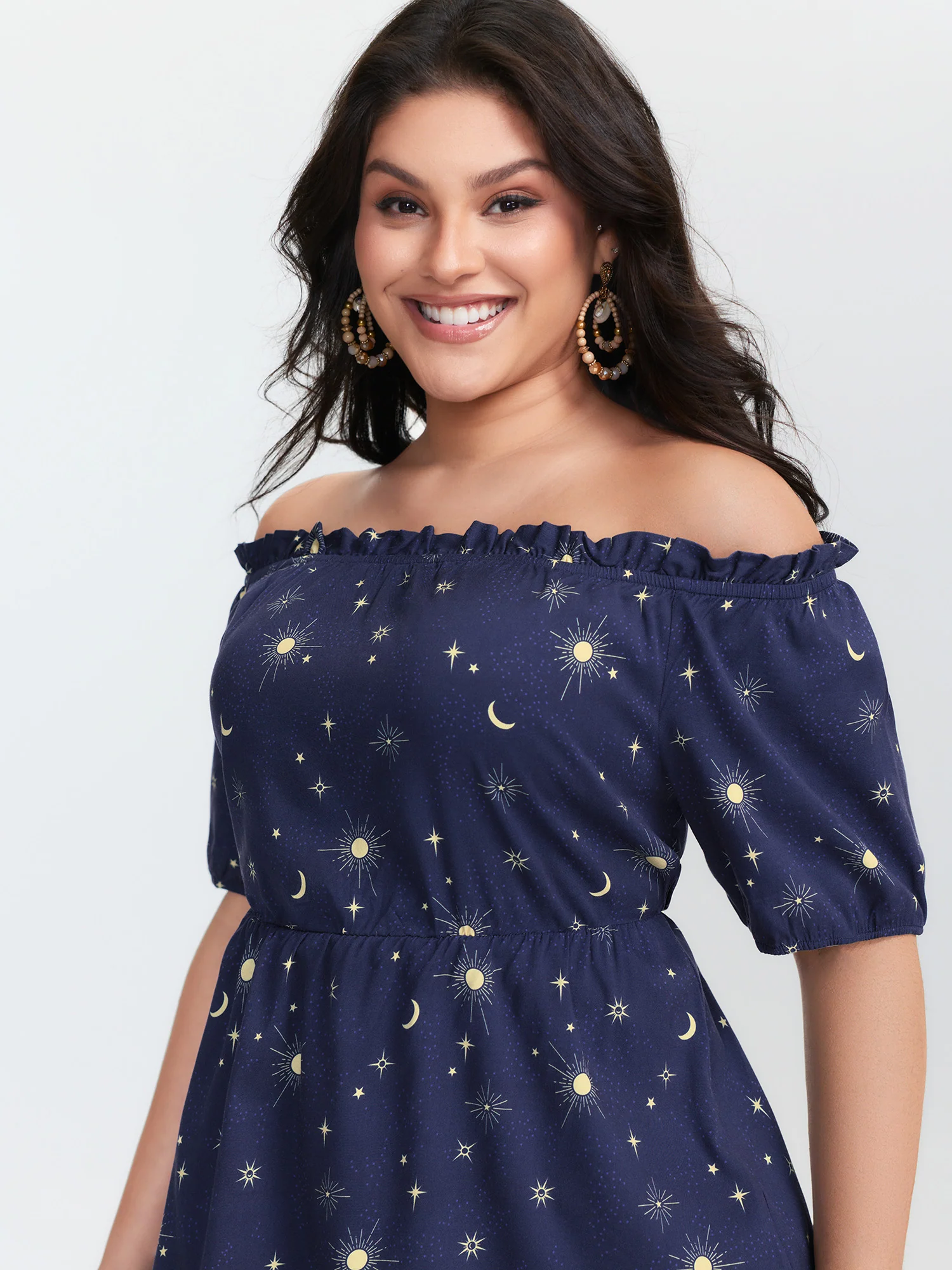 Starry Print Shirred Off-Shoulder Blouse - Image 3