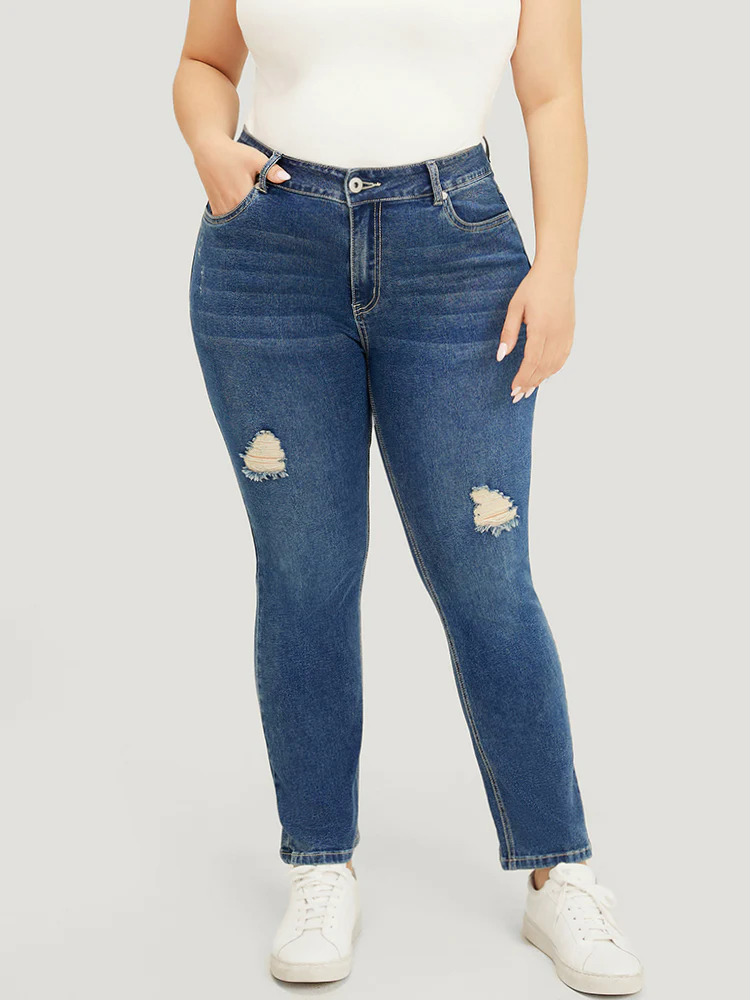 Straight Leg Very Stretchy High Rise Medium Wash Jeans - Image 6