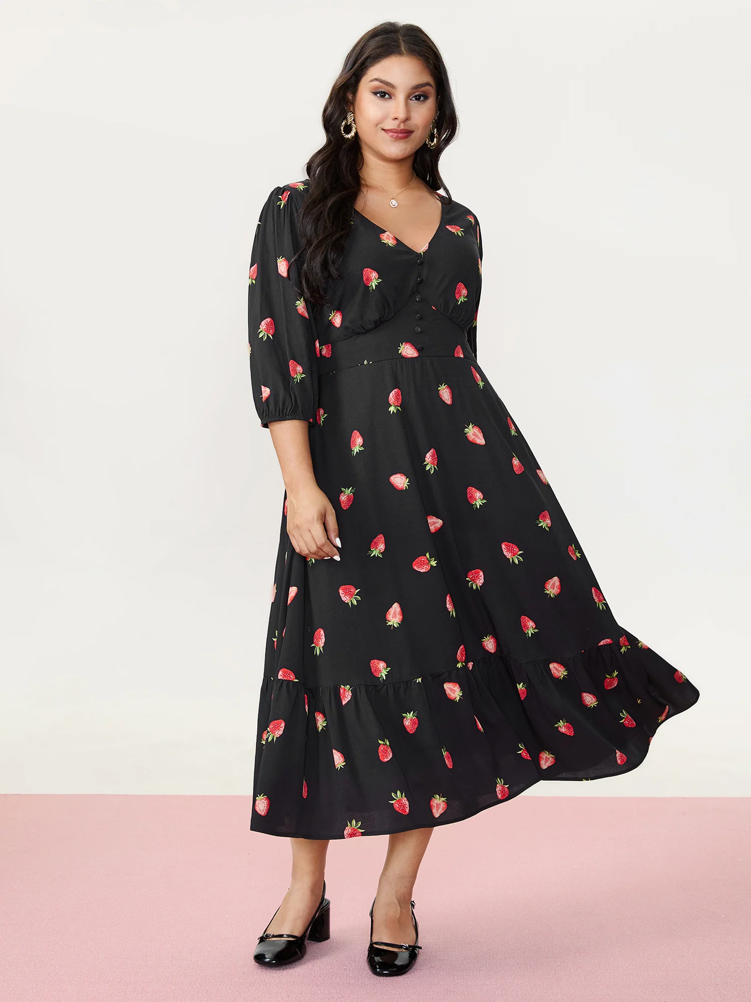 Strawberry Print Shirred Waist Midi Dress