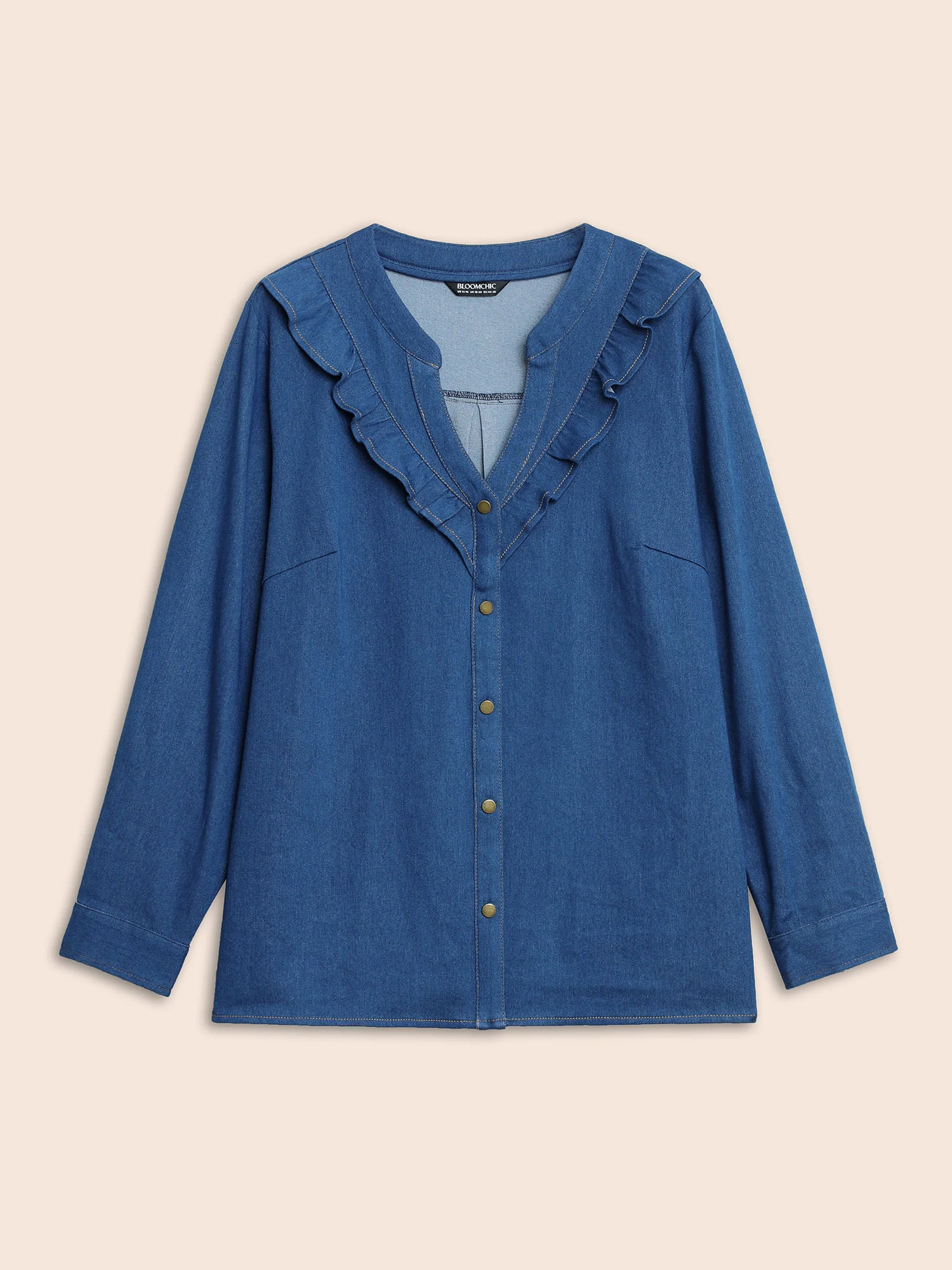 Stretch Denim Lotus Leaf Neckline Shirt - Image 10