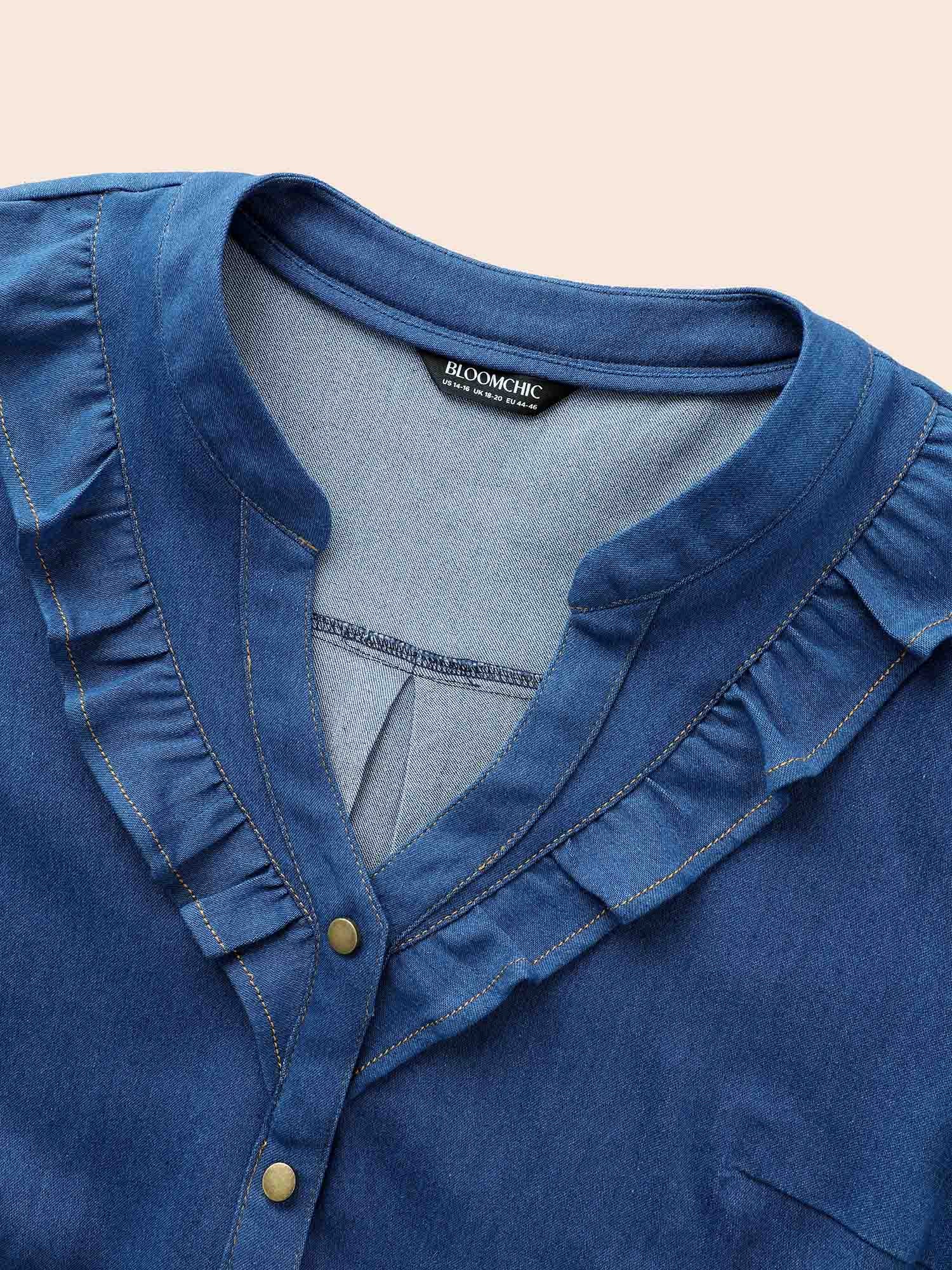 Stretch Denim Lotus Leaf Neckline Shirt - Image 8
